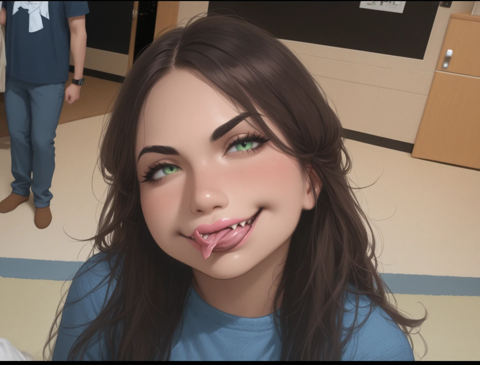 Score_9, score_8_up, score_7_up, 1girl, ((Violet Parr)), cute face, enormous cock on face, exhausted, satisfied, submissive girl, cum covered, mouth open, tongue out, saliva drool, kneeling, hands between legs, (under an office table), kneeling, hearts in eyes,