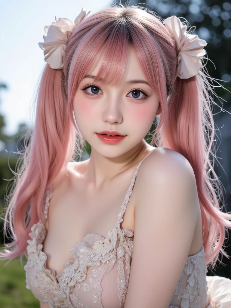Georgeous, Beautiful, Cutes, Baby Face, 20 Years Old, White Skin, Sleeveless, Cleavage, Large Breast, Large Chests, ((Pink-Blue Pastel Coloured)) Off Shoulder Japanese Kimono, Lace Kimono, Embroidery Kimono, Muscles, Athletic, Girly, Colourful Japanese Street Outdoor Background, Twintails, Hair with Bangs, Masterpiece, Adorable, Beautiful Large Eye, Dramatic Vintage Lighting, HDR, Fish Gape Selfie