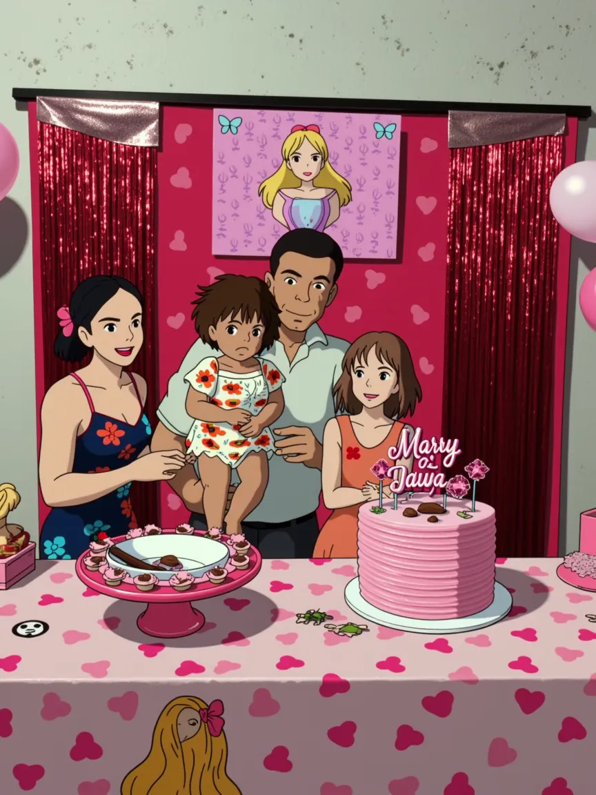 A happy family celebrating the birthday of their daughters aged 07 and 04. The theme of the party is the barbie movie