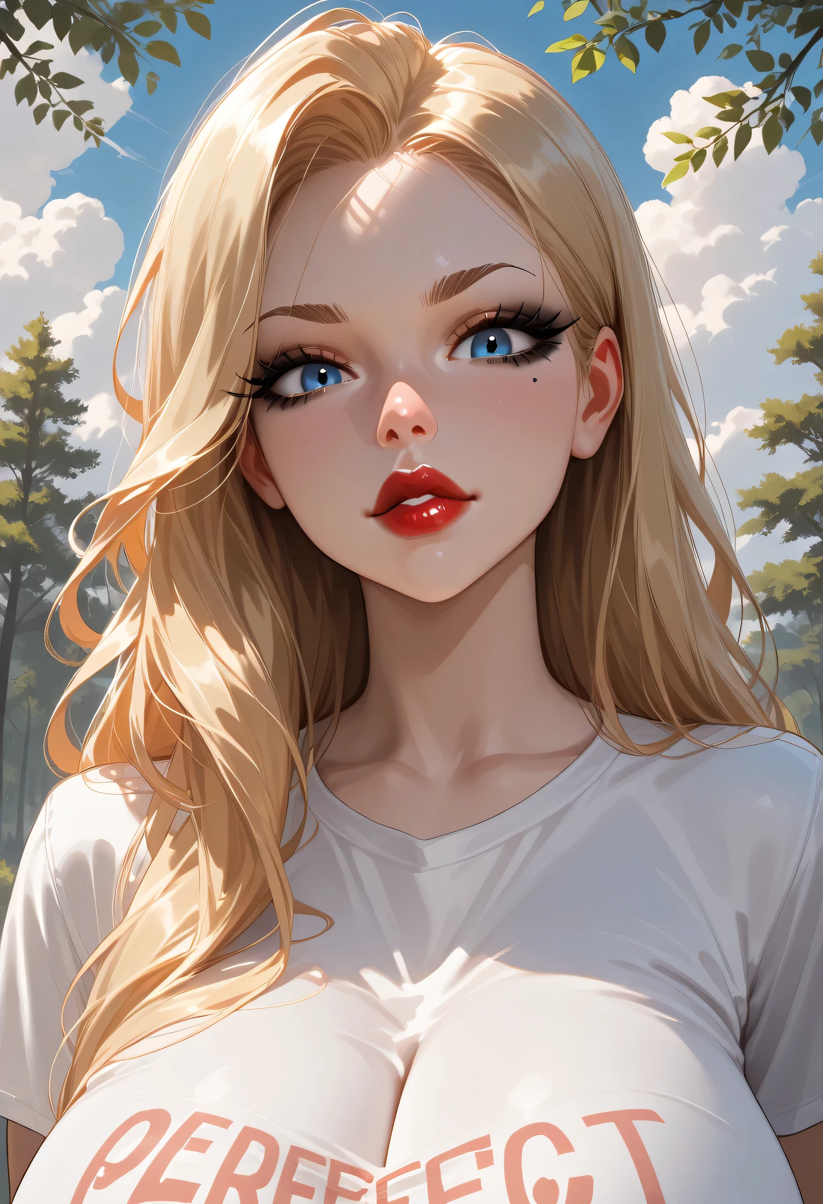 ((perfect face)), blonde hair, very long hair, brown eyebrows, thin eyebrows, blue eyes, black eyeliners, nose, thick lips, red lips, beautiful face, (huge breasts), white t-shirt, looking at viewer, trees, cloud sky