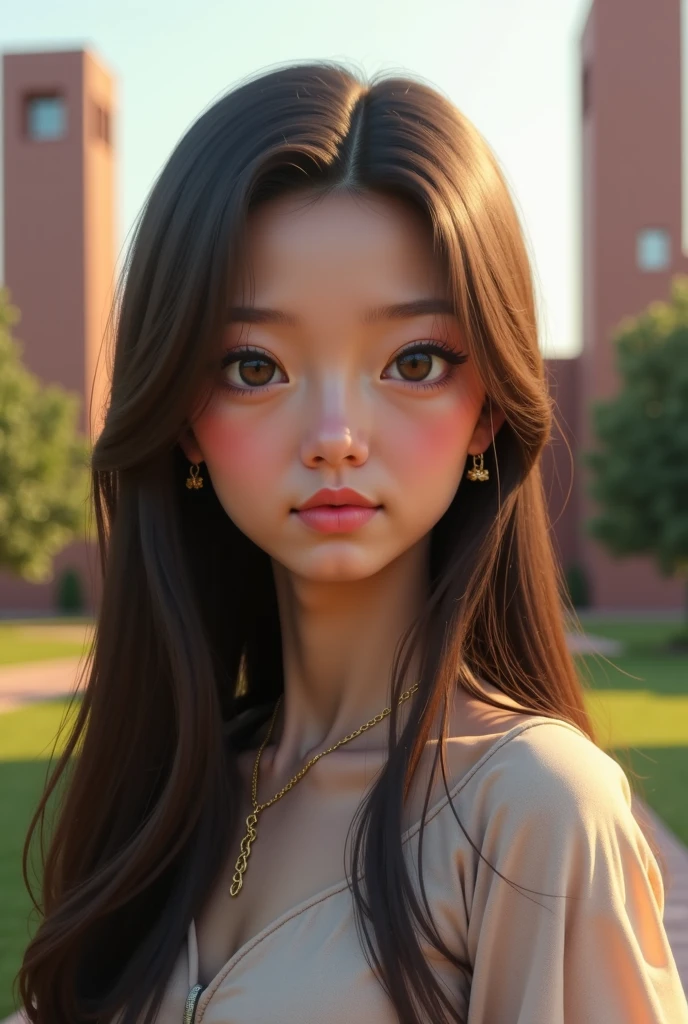 a beautiful Russian Ukrainian teenager with blue eyes , taking a selfie with the face of a young woman with a perfect body and big eyes , wide and full lips, thin, upturned nose, with a pretty face like a barbie , normal breasts ,very long and very straight black hair, no clothes perfect 1 body , , very tender face , Teenage girl with blue eyes posing very sexy wearing baby pink t-shirt and casual clothes in the park ,slickedback hair. a very sexually attractive teenage girl,