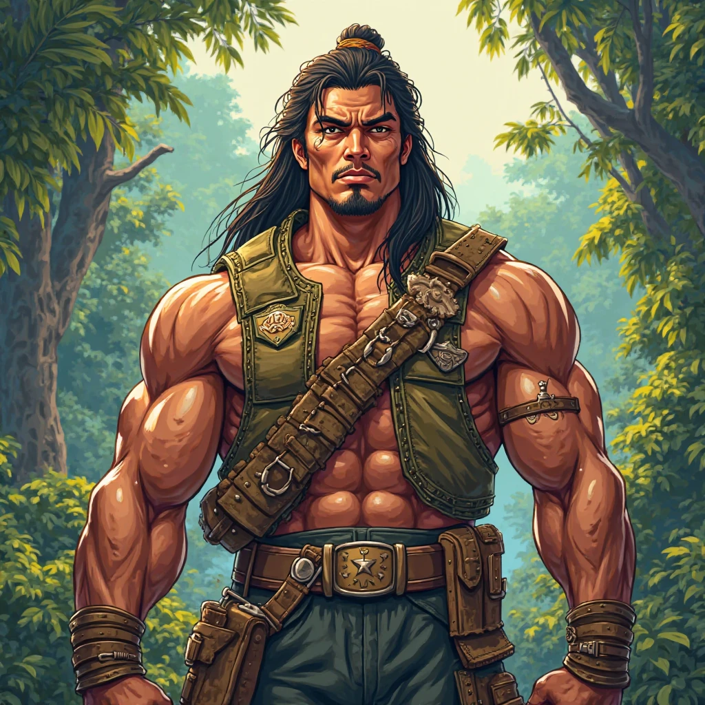 Muscular savage, Partially upper body, Lower body exposed from thighs to feet,, long flowing curls, Intricate muscle detail, realistic work, 4K quality. background: Dense jungle with ancient ruins,32krd, best quality, masterpiece, super detail, high details
