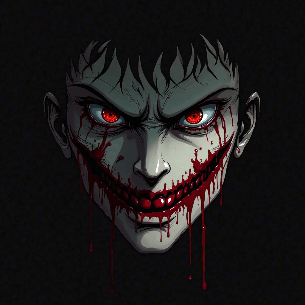 Solo. Creepy, terrifying muscular man with short messy curly black hair, a sharp jawline, crazy red eyes, metal wires joining his seperated upper jaw and lower jaw, Jeff the killer's mouth, muscular forearms, sharp shark-like teeth for teeth, pale white skin and red eyes on his body, wearing a fit plain black hoodie and black tracksuits, eating a liver, in a black background. Cannibalistic. Floating red eyeballs. Horror