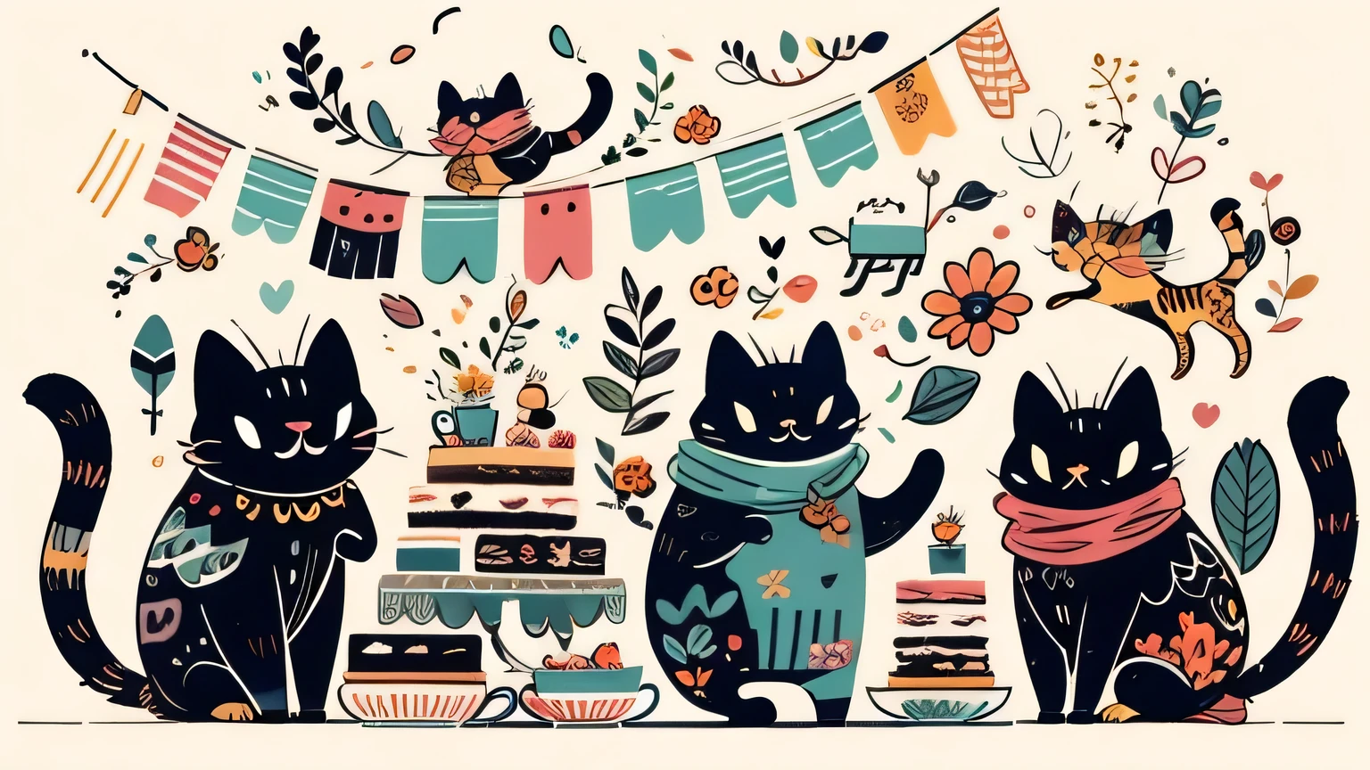 many coffees, many cakes, many flowers, many sugars, many coffee bottles, many kitties