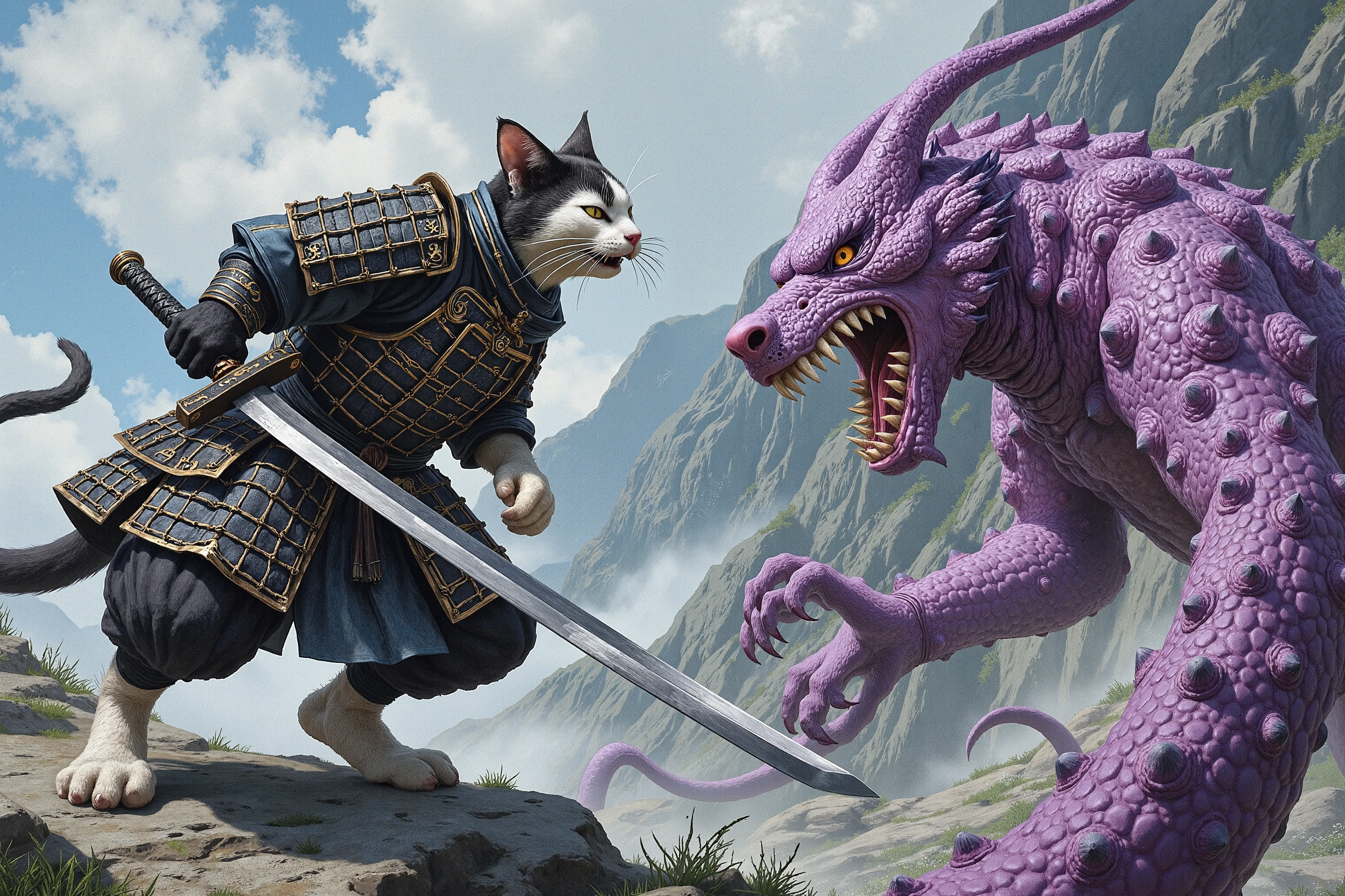 A samurai cat (humanoid feline, black and white medieval samurai armor, huge sword, one ear and eye scarred) is in combat with a trio f demon dogs (yokai, violet warty skin, toothy maw, extra long serpentine body) do battle on a mountain, the demon dog nest is nearby with many eggs