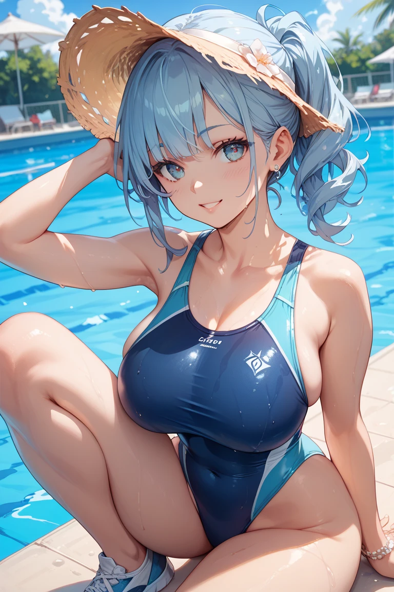 Masterpiece, beautiful details, perfect focus, uniform 8K wallpaper, high resolution, exquisite texture in every detail, 1 girl, solo, looking at the viewer, smile, detailed pool background,pastel, micro bikini, heterochromia eyes, green_blue eyes, hair white, long-l_hair, one hair eye, gigants breasts, arms behind head pose, abdomen, ABS tattoo sitting pose, legs spread, Open lengs, pussy detailed, big-thighs, angle front, front views,
