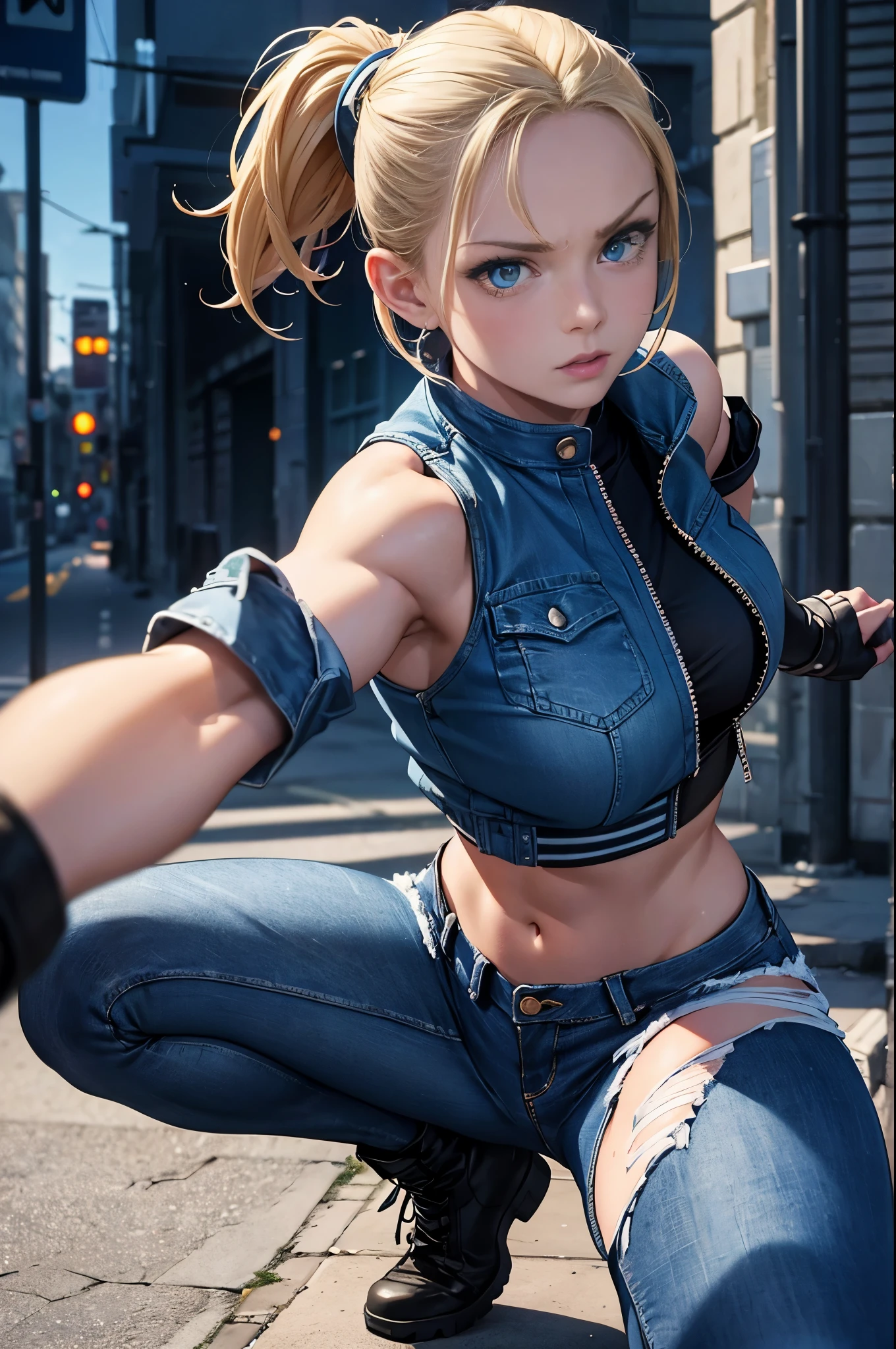 ((Best Quality, 8K, Masterpiece: 1.3)), Sharp Focus: 1.2, Beautiful Woman with Perfect Figure: 1.4, Wet Body: 1.1, Highly Detailed Face and Skin Texture, Detailed Eyes, Double Eyelids, (1girl), (Left Face Scar), (28 years old, Sexy Mature), (Vest Line, Slim Waist, Fitness Figure), (Blue Jacket), (Yoga Pants), (Buttocks), ((Big Blue Eyes, Long Eyelashes)), ((Pout)), ((Firm Nose)), Detailed Face, Best Light, Best Shadow, Edge Light, in London, Ray Tracing, Unreal Engine 5, ((Cammy white, Street Fighter 6, game CG character)), Beautiful shiny hair, (((dark gray tights))), Muscular, Collar, Abs, Big Tits, (Fight sound effect text on screen: Street Fighter 6), Game Fight style street background, Kick and fight action, (Kung Fu Action, Comic Speed Line), ((Cammy White's Street Fighter 6 promotional poster style)), (Leg muscle line), ((Street Fighter 6 title)), neon lights, bustling and lively streets, tall buildings in the distance, at night