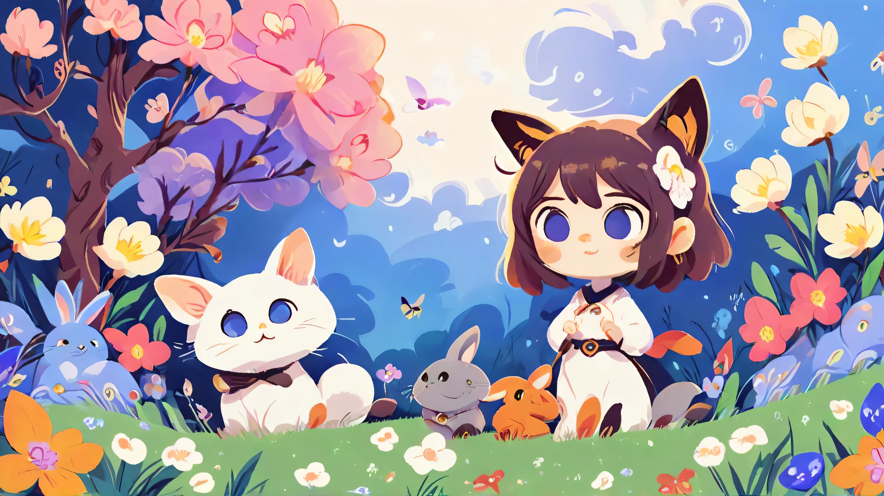 〈baby cat and baby rabbit〉chum、Pyonpyon、Nyan Nyan、The World of Picture Books、Gamine、Flower field psychedelic background、style of Laurie Greasley、Studio Ghibli、Akira Toriyama、James Girard、GenshinImpact、Trending pixiv fanbox、acrylic palette knife、4K、vivd colour、devinart、Trending on ArtStation、Low detail multiple poses and expressions