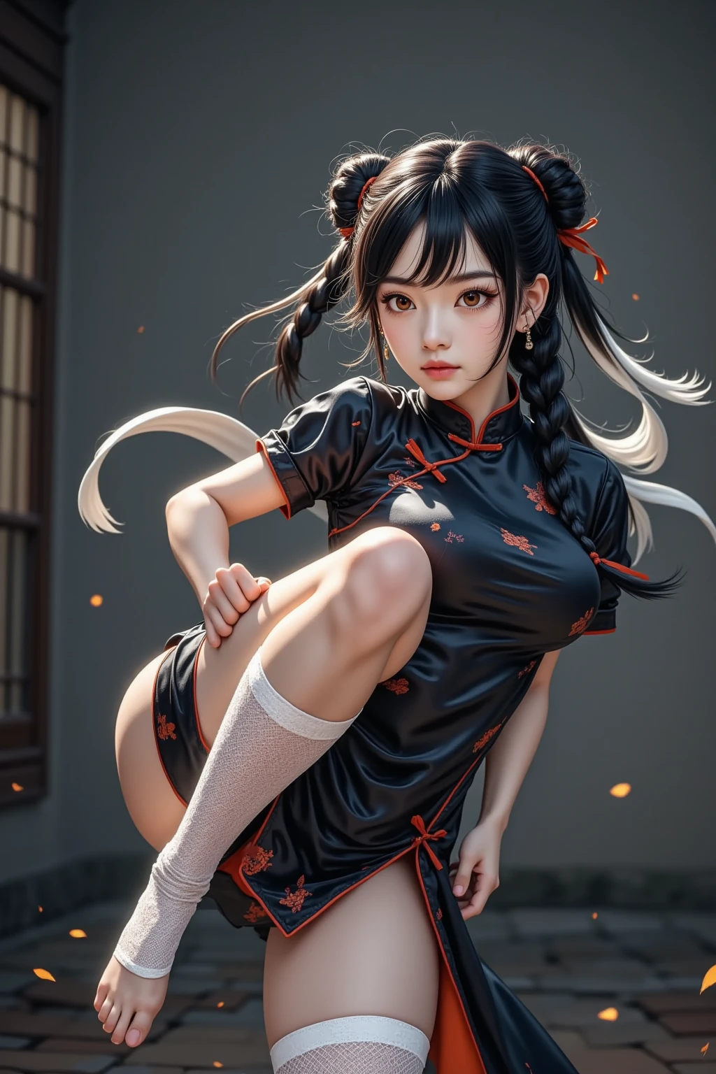 Lin Mingmei, 1 girl, alone, Braid, looking at the viewer, dress, long hair, traditional media, sign, bangs, compensate, Put your own hands together, black hair, Upper body, lipstick, drill hair, artist name, twin Braids, bridal gauntlet, sleeveless、Squat with your legs wide apart、Pee、urinate、Yellow liquid leaks from the crotch、I can see your crotch