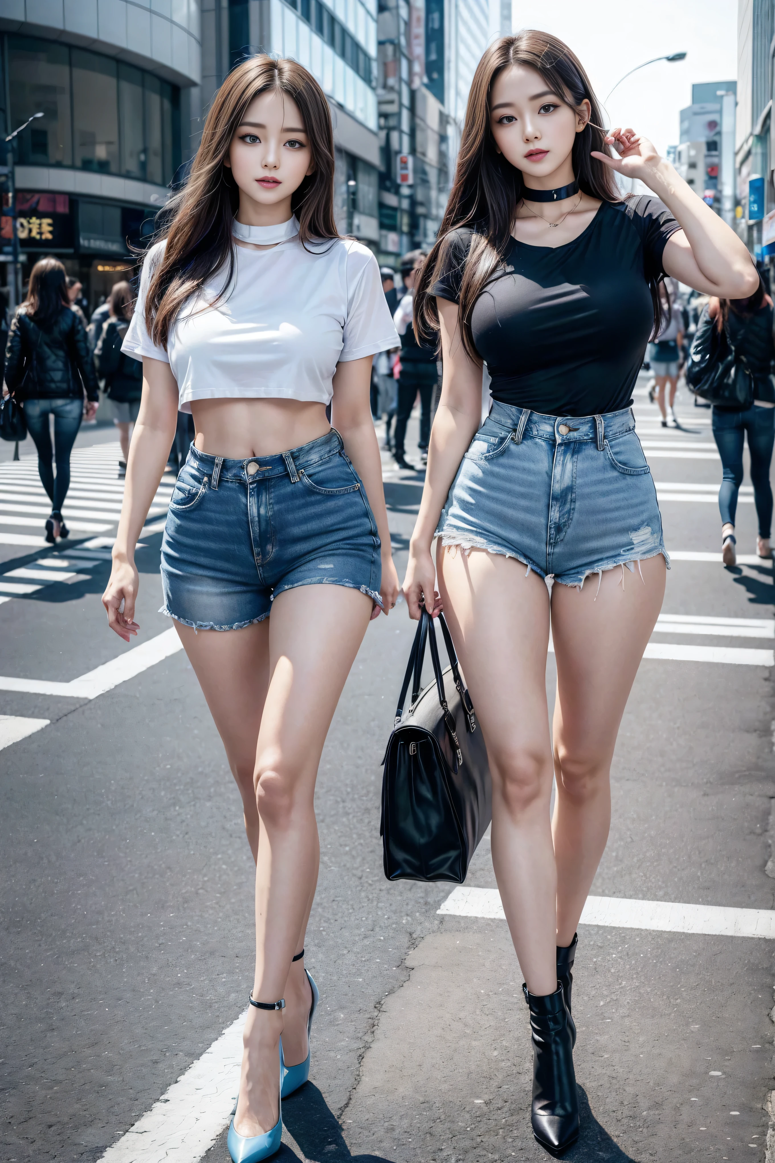 1 girl, (blue eyes), (they are smiling), (in the name of mina), Wide hips, tetas big deals, big deal, (best quality, 8K, masterpiece: 1.3), perfect hands, clear focus: 1.2, Perfect body beauty: 1.4, Slim abs: 1.2, Highly detailed facial and skin textures, delicate eyes, double eyelids, (long golden hair), (Black collar T-shirt), (Denim shorts :1.1), (High heel :1.3), permanent, dynamic poses, Background Tokyo Shibuya Crossing.