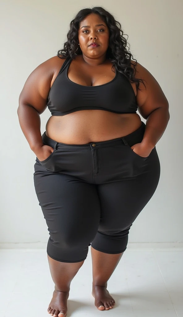 ((masterpiece, best quality)), heavyset black woman with medium length (black hair) in white tanktop and (white high cut panties), dark brown eyes, red lipstick, standing in bathroom, (well lit room), photo realistic, intricate details