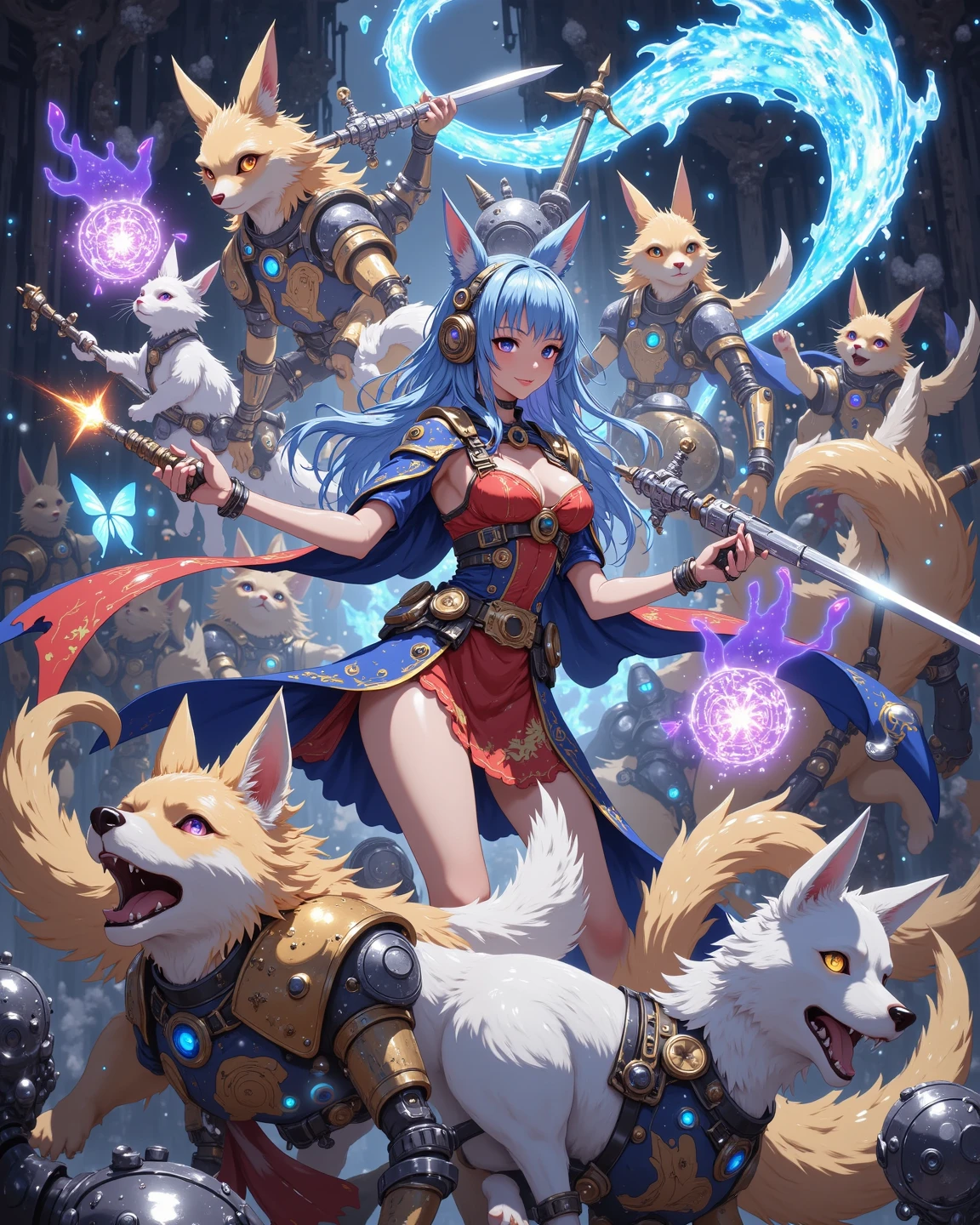 Anime style war, seruous style, 1nekogirl, pink_and_white_cat_ears, fox tail, limited palette, long Straight pink hair, detailed blue eyes. Cat face expression. She is a Mercenary with scars, She is riding a black demon wolf. Outdoor scenery. Point a sword upwards. Behind them there is an army. War is coming. She wear a light armour, with blue trasparent veil. She has bare shoulders. They will fight on Red clay. Canyon desert. 