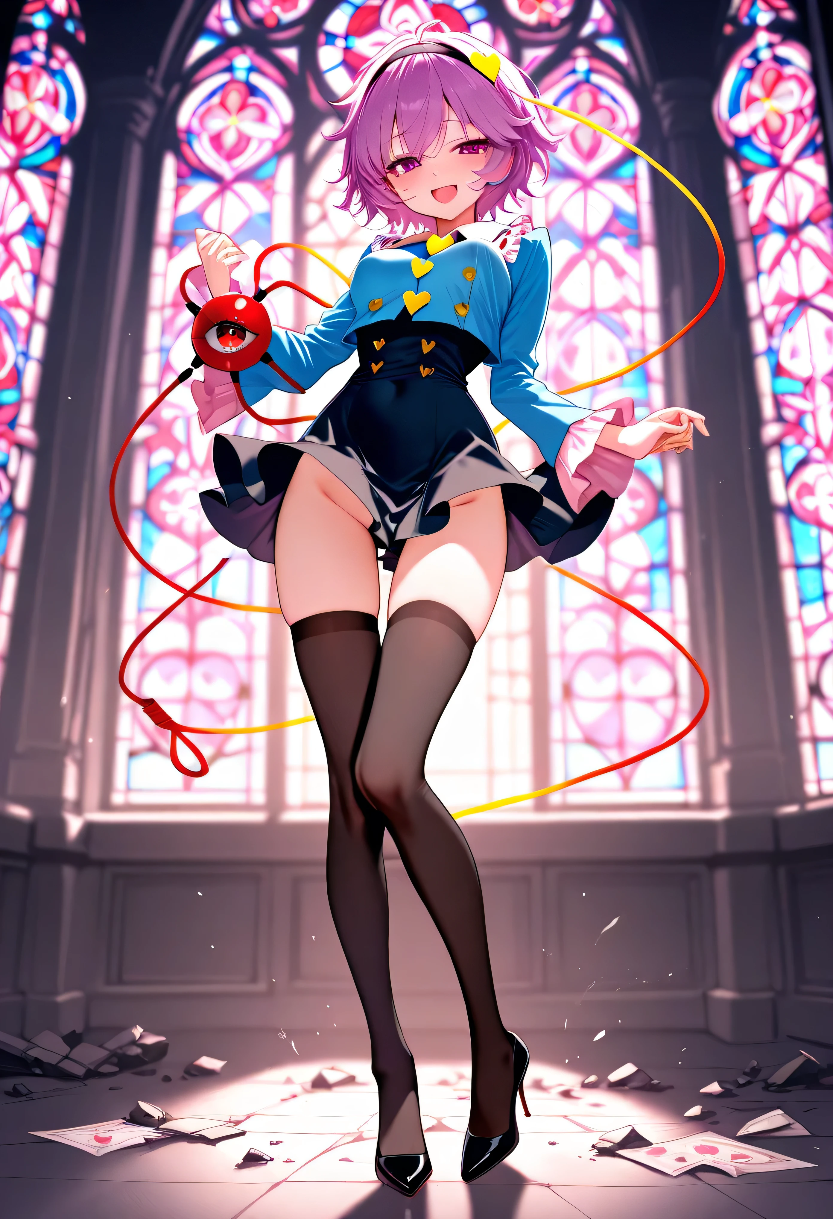 2D, masterpiece, highest quality, anime, Very detailed, whole body, 1 girl, alone, Marine_Idol, hololive Idol uniform, White ribbon, White gloves, Red ribbon, Red bow tie, Layered skirt, Navel clipping, Mismatched legwear, Red Stockings, Black Stockings, Heterochromia iridis, Red eyes, Yellow Eyes, Break Stage, Red light, Dynamic pose, smile