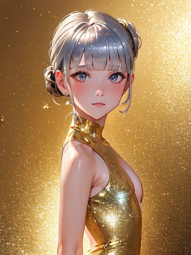 One girl, amazing dress, light curly hair, short hair, photorealistic, top quality, masterpiece, gray hair, gold eye, look up, upper body, hair, fair skin
