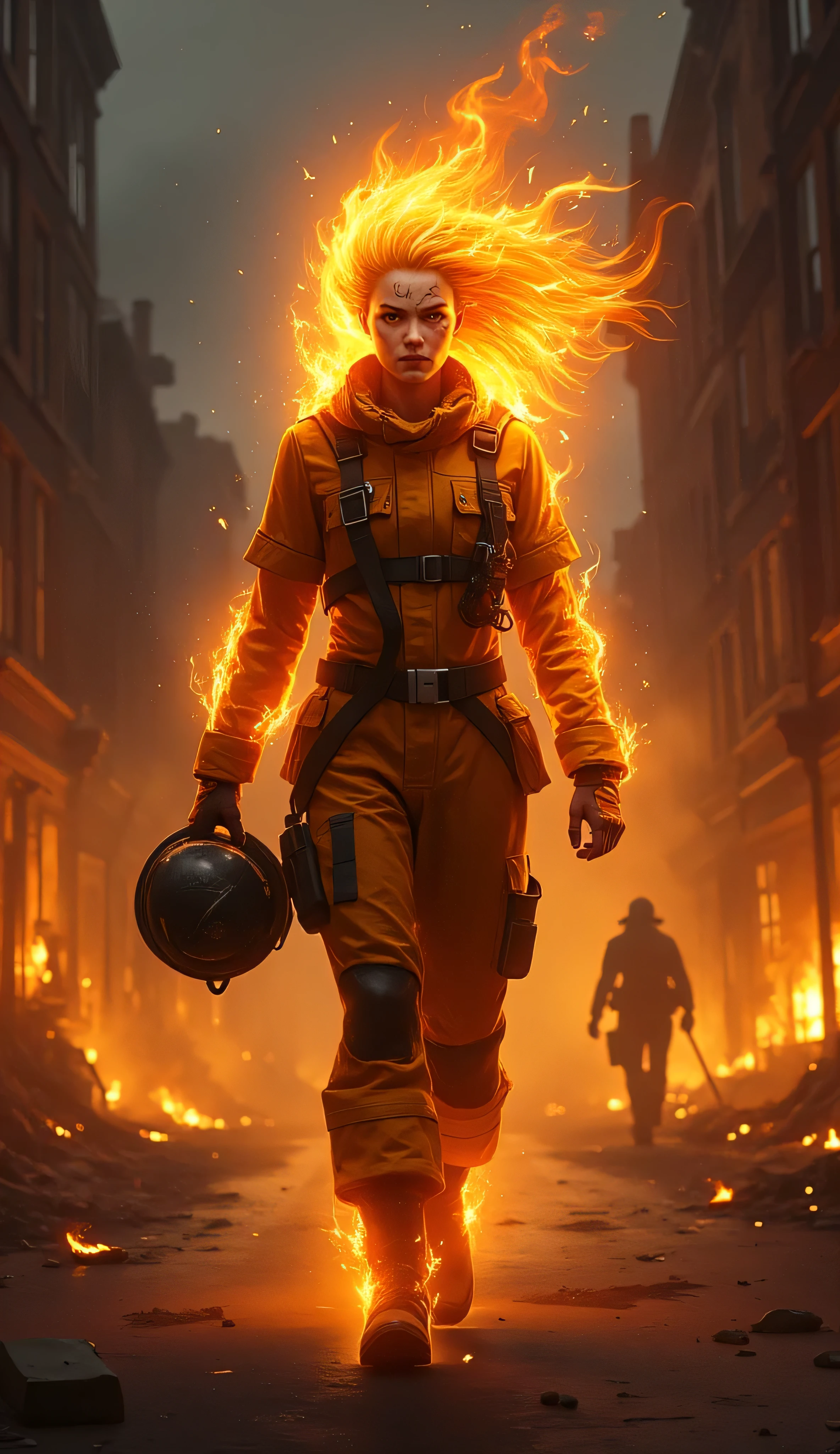 fantasy-inspired humanoid female character, Fire Genasi, standing heroically, middle of a smoky street, night, humanoid being infused with elemental fire, glowing ember-like skin, cracks of molten light, fiery eyes, fiery hair that flows like living flame, modern firefighter uniform, helmet in one hand, ash on face, building still smolders, lit by faint flames, flickering embers, rescued civilian visible in the background, heat waves shimmer around, small flames curl harmlessly along arms and shoulders, dramatic and cinematic atmosphere, smoke, warm light, semi-realistic digital painting style, cinematic lighting, dynamic composition, concept art style