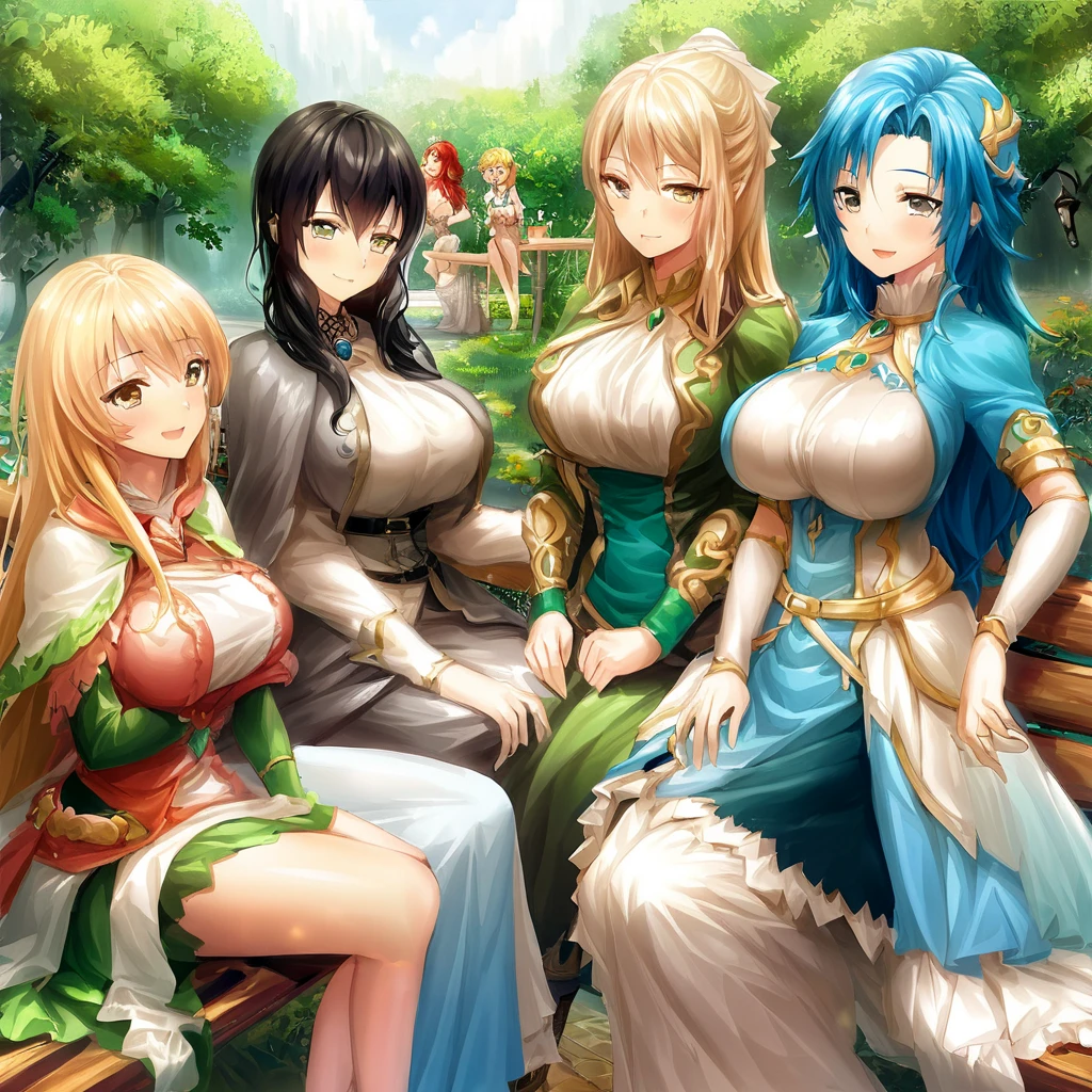 highest quality、High resolution、8K、cute beauty、detailed background、beautiful and detailed face、beautiful and smooth skin、skin texture、Beautiful teenage girl、(5 women)、(big breasts:1.4)、Anime series featuring warriors of justice.、Each character comes with a different colorful dress and accessories.。sexy pose、field