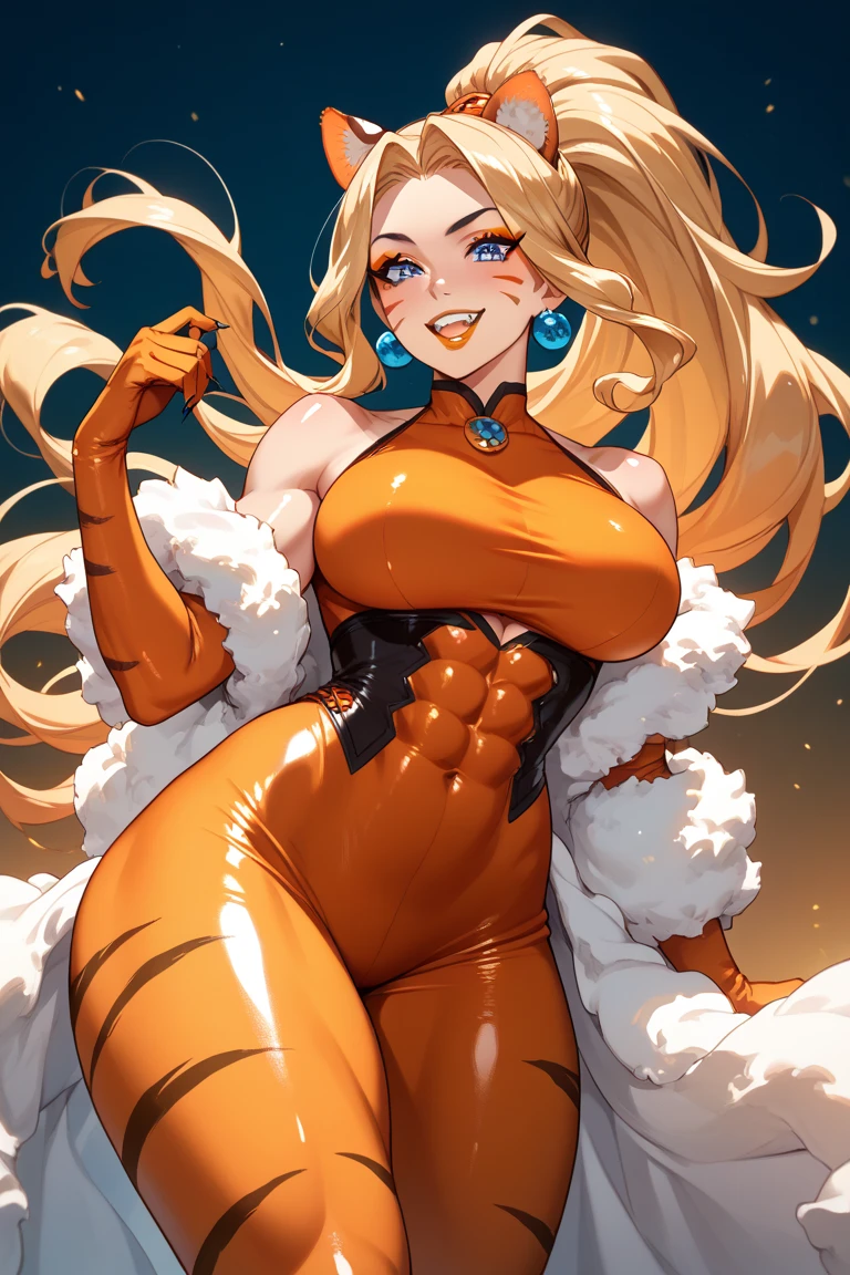 software, (Beautiful red latex pants, Yellow latex jumpsuit with top,Black Stripe),Red Gloves,(Big Breasts, Beautiful breasts, Very large breasts), Tall,A giant body of about 3 meters,More macho,Very muscular,Hard muscles,Muscular arms,Firm breasts,Huge Ass,Tight waist, Curvaceous figure,Very large pregnant belly ,Ahegao, Hollow Eyes,saliva, Drooling a lot,Very bright smile,Keep your mouth wide open,Sweating profusely, trembling, Large amount of steam,Steam from the sides,shortness of breath,Flashy villain makeup,Bob Hair,Eyes are hearts,Blushing,The tongue is very long,Highest quality,front,Hands behind head