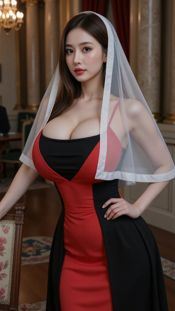 (High quality, 4K, HDR), Beautiful Sexy Girl,bouquet red roses of flowers in hand,very bad image negative_v1.3,(huge breasts:1.4),red lips, glowing skin,big her curves,glamorous model,((A beautiful woman in a wedding dress)),hide five fingers,