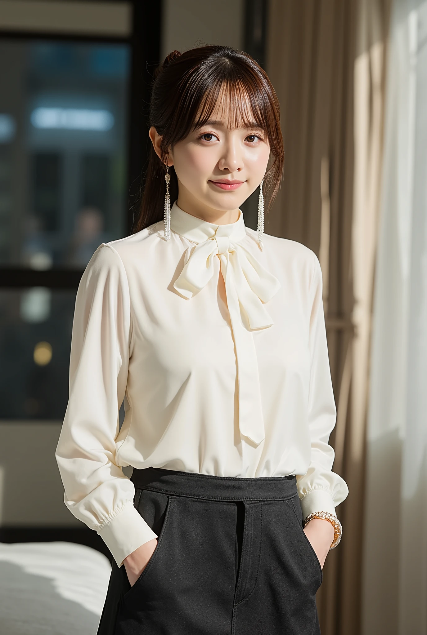 high definition、8K quality、fine skin on the street、Close-up angle from the waist,Stylish designer hotel at night、 when it's bright during the day, looking forward, stares at viewers, smile showing teeth,has bundled hair、on a hotel bed、一人のロングヘアーのhas bundled hair女性が座っている、Off-white Ascot tie blouse with flared sleeves and large chiffon bow tie and black slit denim long skirt、belt、Long Swaying Pearl Earrings、Feminine Simple White Watch