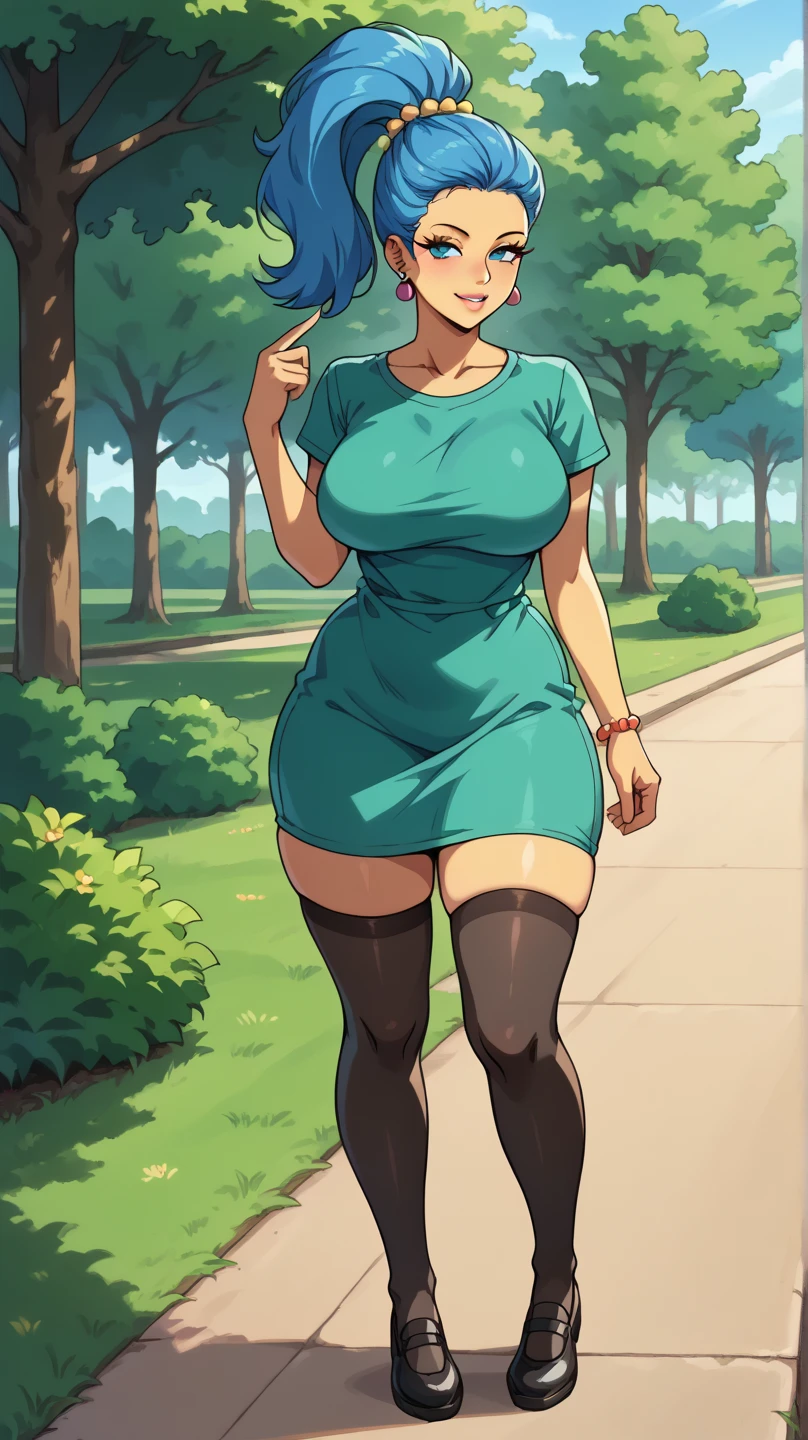 masterpiece, best quality, extremely detail 8k cg, high resolution, 1girl, pakura, green hair, orange eyes, perfect eyes, slim body, huge breasts, bursting breasts, standing, m1n1dr3ssng, black dress, long dress, sleeveless, high heels, forhead protector, seductive face, outdoors, garden, night time, beautiful face, wide shot photo, full body