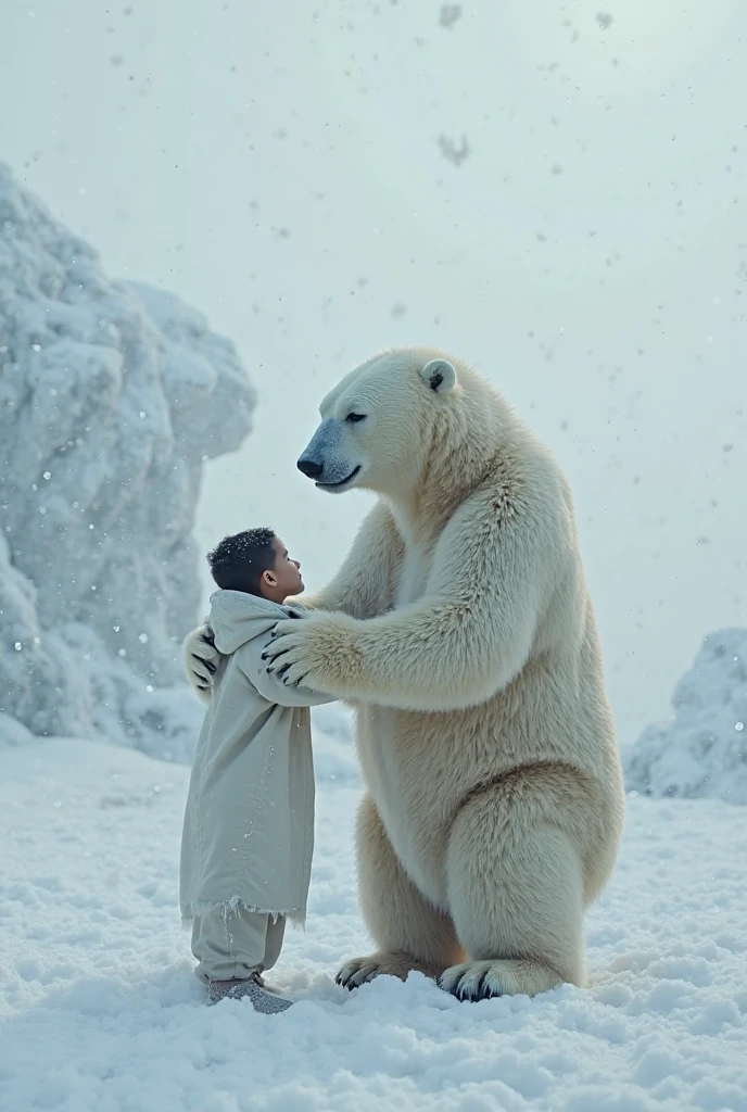 Excessive detail Polar bear walking on its leg over its neck Newborn baby orphan wearing cheerful white clothes in a fashion show hall Real as in real life 
