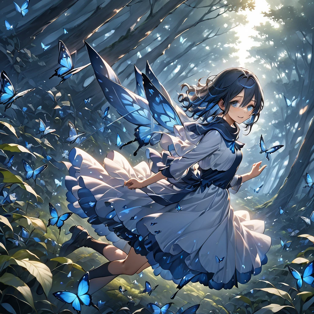 There is a path in the middle of the forest，leaves will shine, glowing crystals on the ground, glowing butterflies, cave glowing stones, Glowing Elves, Glowing spores fly, Glowing blue butterfly, glowing eyes everywhere, Crystals illuminate the scene, glowing firebugs, distant glowing figures, There are little fireflies everywhere, Magical glowing eyes, glowing sphere, beautiful anime scenes