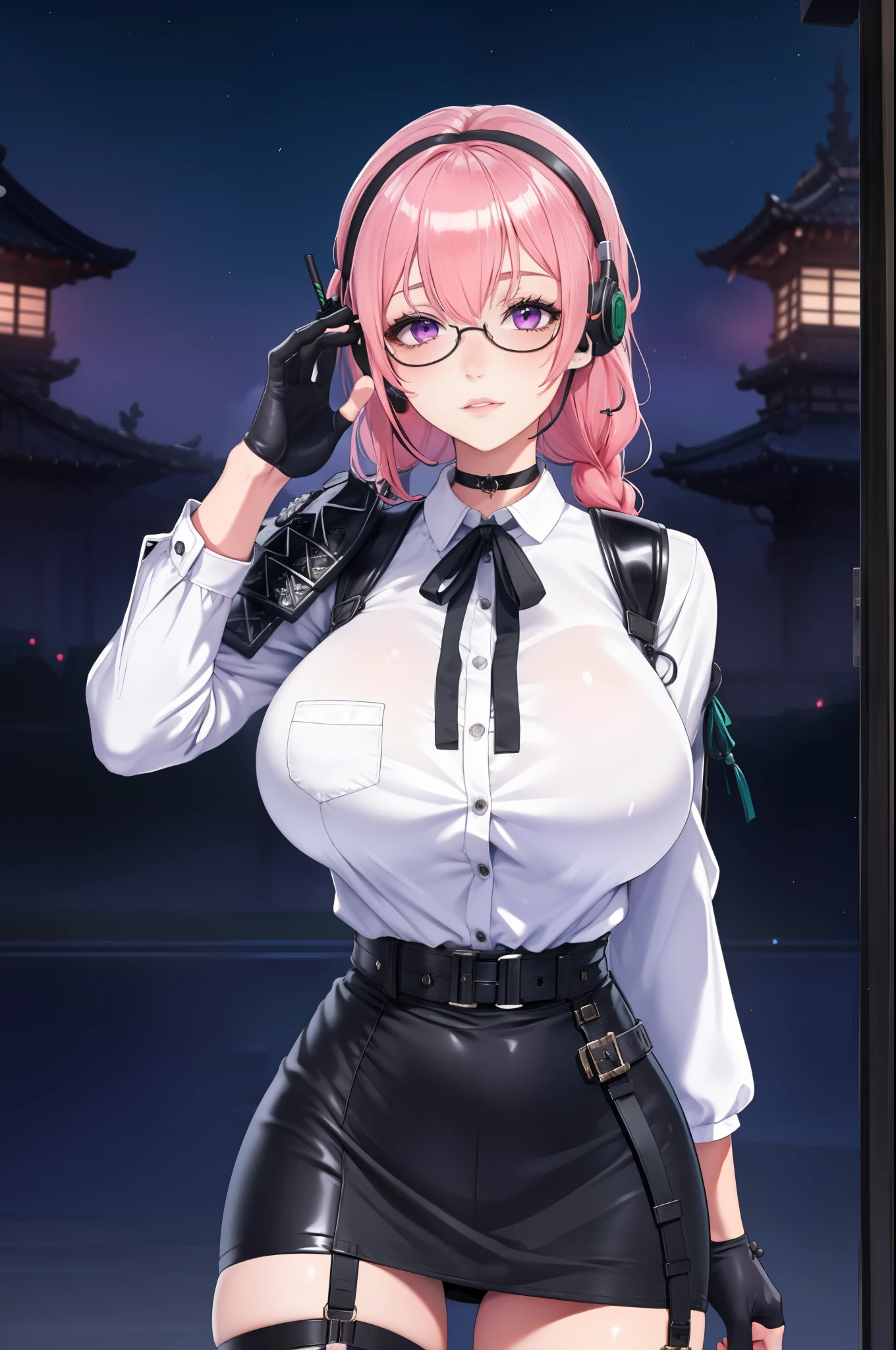 bright clothes, a girl, (Yanagi Tsukishiro ), Alone, Standing, front view,  looking at the viewer , long braided hair pink, beautiful eyes ,  detailed eyes , purple eyes shirt, huge breasts, sensual lips, ((samurai armor shoulder pad)) , ((earpiece for the right ear)), harness, glasses,  choker :1.6,  black gloves, ((shiny black high-waisted miniskirt)),  ((White shirt with collar)),  (black ribbon for the chest), (dark green neck strap),  shy expression ,  , biblioteca antigua Gothic style, Gothic style,  at night