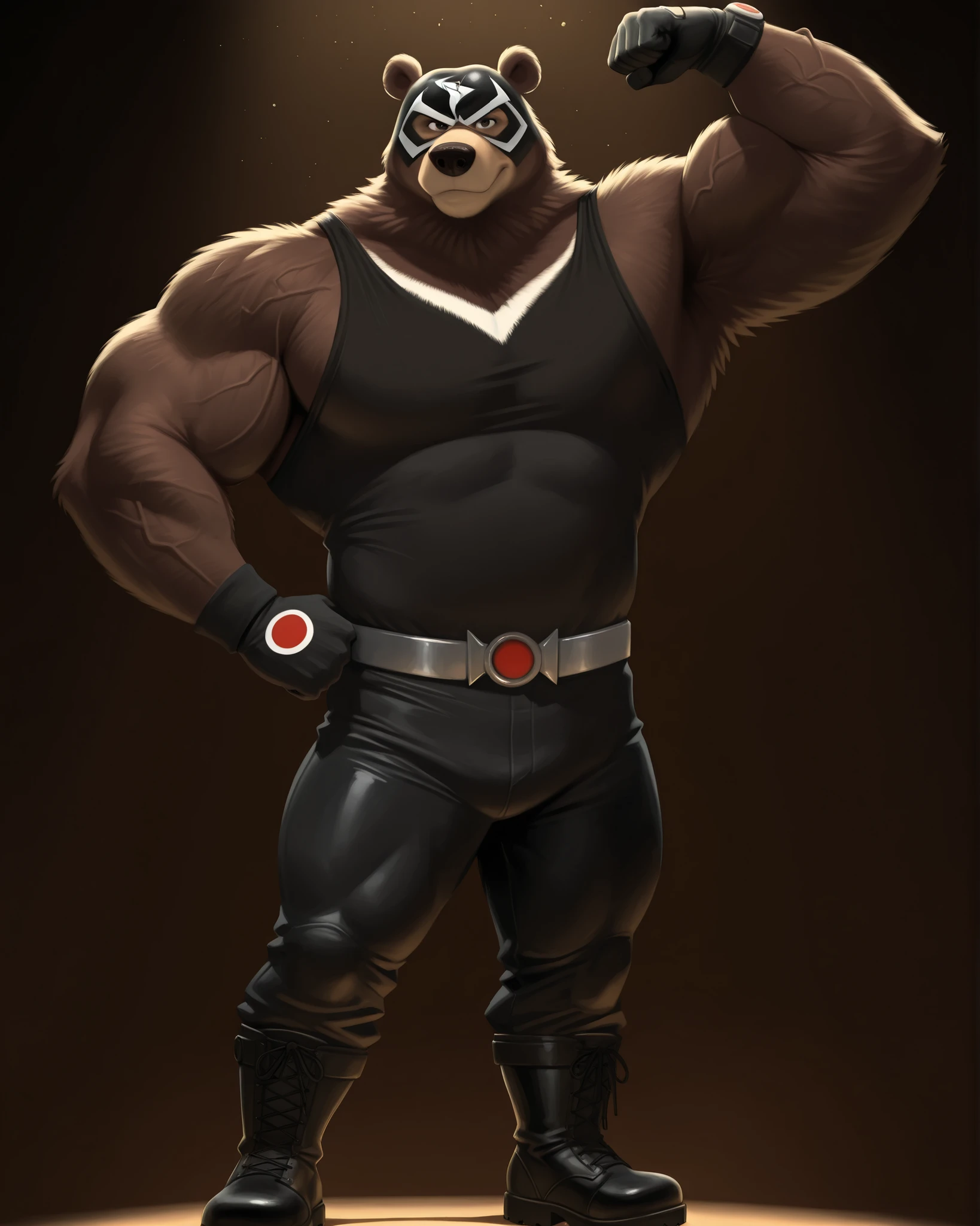 score_9, score_8_up, score_7_up, cartoon_style, ((by BodiPhantom)), 4k, 8k, The best quality, very well drawn, detailed, high quality, detailed, 4k, high resolution, high quality, high resolution, furry character, ursine, BodiPhantom, Himalayan bear, bear, boots, boy, posing, (sexy), thick arms, huge arms, 5ft, 390lbs, green veins, (dark brown fur)), simple background, lights, seething, standing, black pants, black tank top, gloves, wristband, black and white luchador mask with ears sticking out, Himalayan bear as Bane from DC Comics