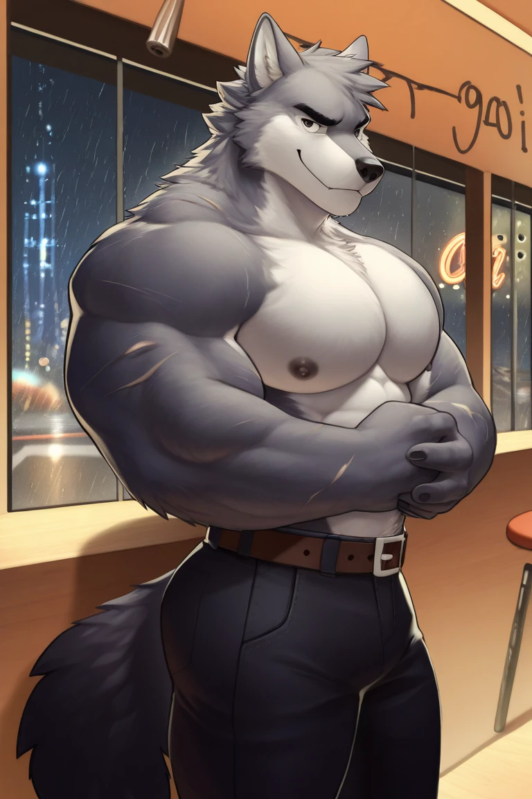 Medium chubby and muscular, badger, shirtless, in black shorts, adult, glasses, By mystikfox61
