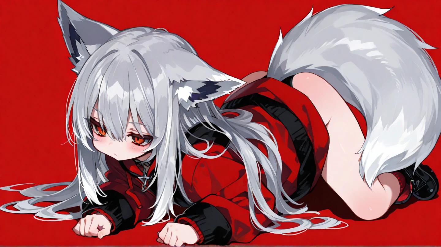 highres, (masterpiece), best_quality, my_foxy_girlfriend - fuku, medium_breasts, white_fox_ears, one_white_fox_tail, round_face, white_hair, white_skin, cute_girl, innocent , medium_size, teenager, light_pink large_sweater, white_thighs_high, red_tie_hidden_by sweater, red_pink_eyes, short_back hair, long_hair_falling_on_breasts, very_short_red_plaid_skirt_under_the_sweater, thick_thigh, black_japanese_school_shoes