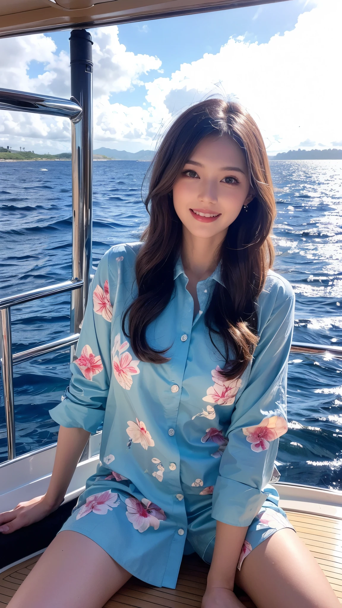  high-definition picture ，Women Long Hair , born, Super high resolution, 8k,  is looking at the camera, On a yacht at sea, Vacation Photos, Paradise Island,  Colorful Hawaiian Button Up Shirts, Frank,  amateur ,  natural light, A perfect day, [smile]Full body high definition image。