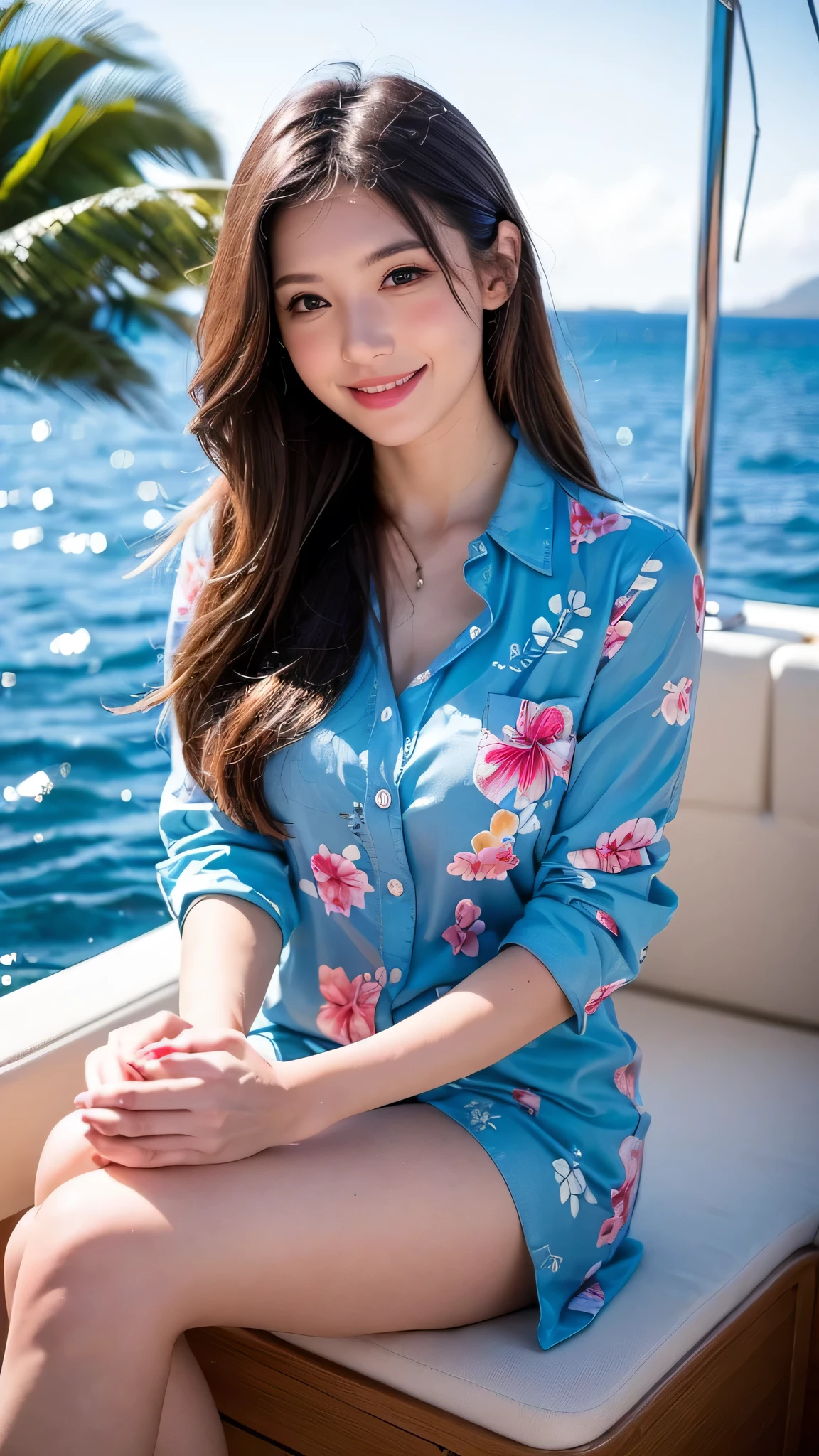  high-definition picture ，Women Long Hair , born, Super high resolution, 8k,  is looking at the camera, On a yacht at sea, Vacation Photos, Paradise Island,  Colorful Hawaiian Button Up Shirts, Frank,  amateur ,  natural light, A perfect day, [smile]Full body high definition image。
