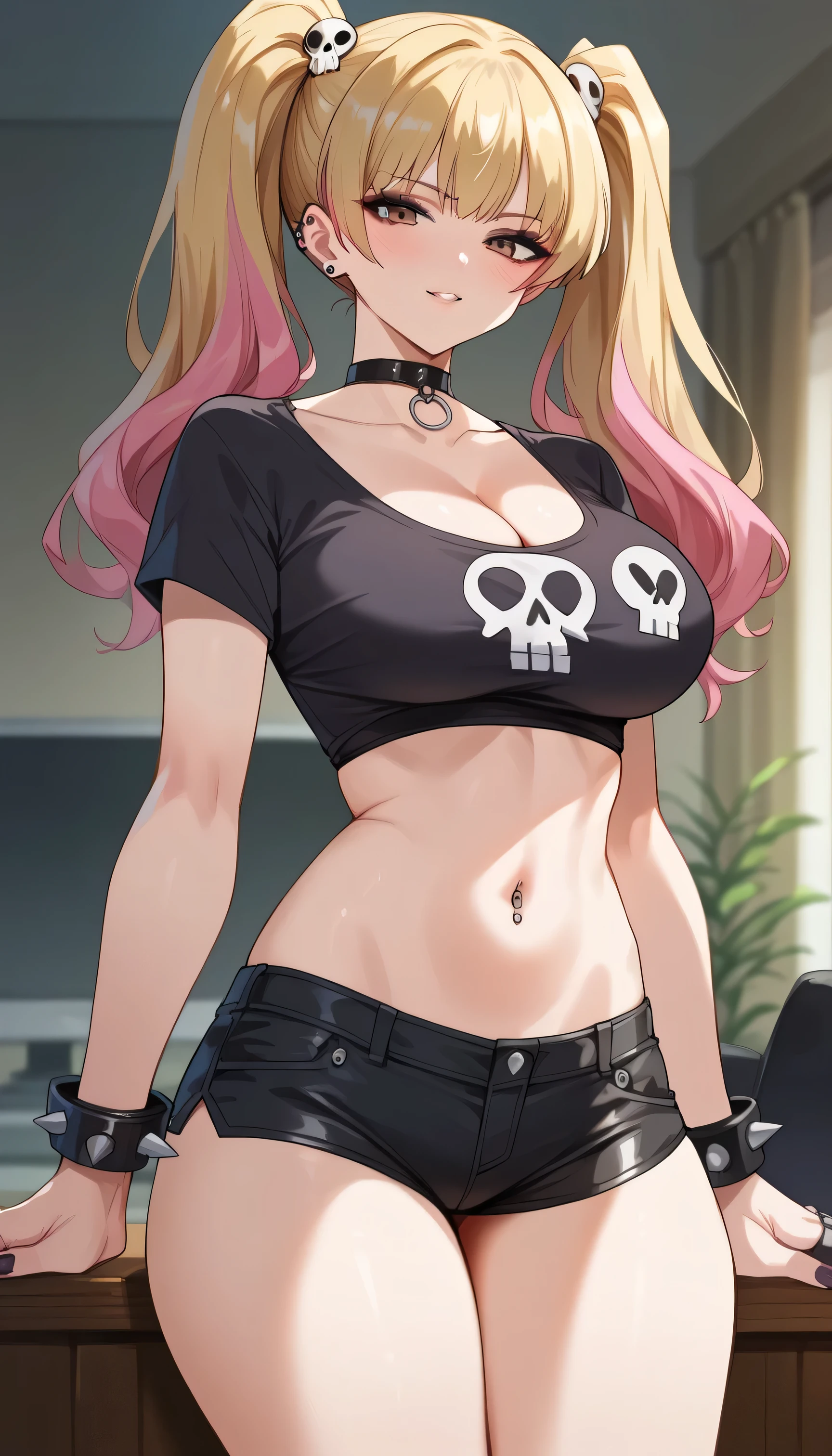 score_9, score_8_up, score_7_up, score_6_up, score_5_up, score_4_up, rating_explicit, Goth girl, Yamada_Anna, choker, goth clothes, brown eyes, makeup, skull print, black T-shirt, spiked bracelets, dark leather shorts, cut shorts, massive breasts, twintails, multicolored hair, blonde hair, pink hair, cleavage, navel, piercing,