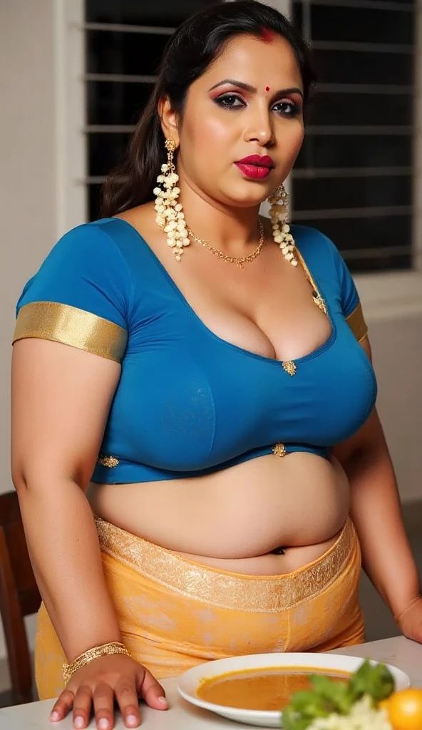 (RAW, best quality,4k,8k,highres,masterpiece:1.2) Indian woman wearing hook (blouse, petticoat), 20 years old, (chubby cheeks:0.9), (chubby fat big body:1.1), Big Chest, Big fat Cleavage (bindi), (vermilion), An Indian beauty, charismatic, dark-skin, view the viewer, naughty kissing lips , Indian slums