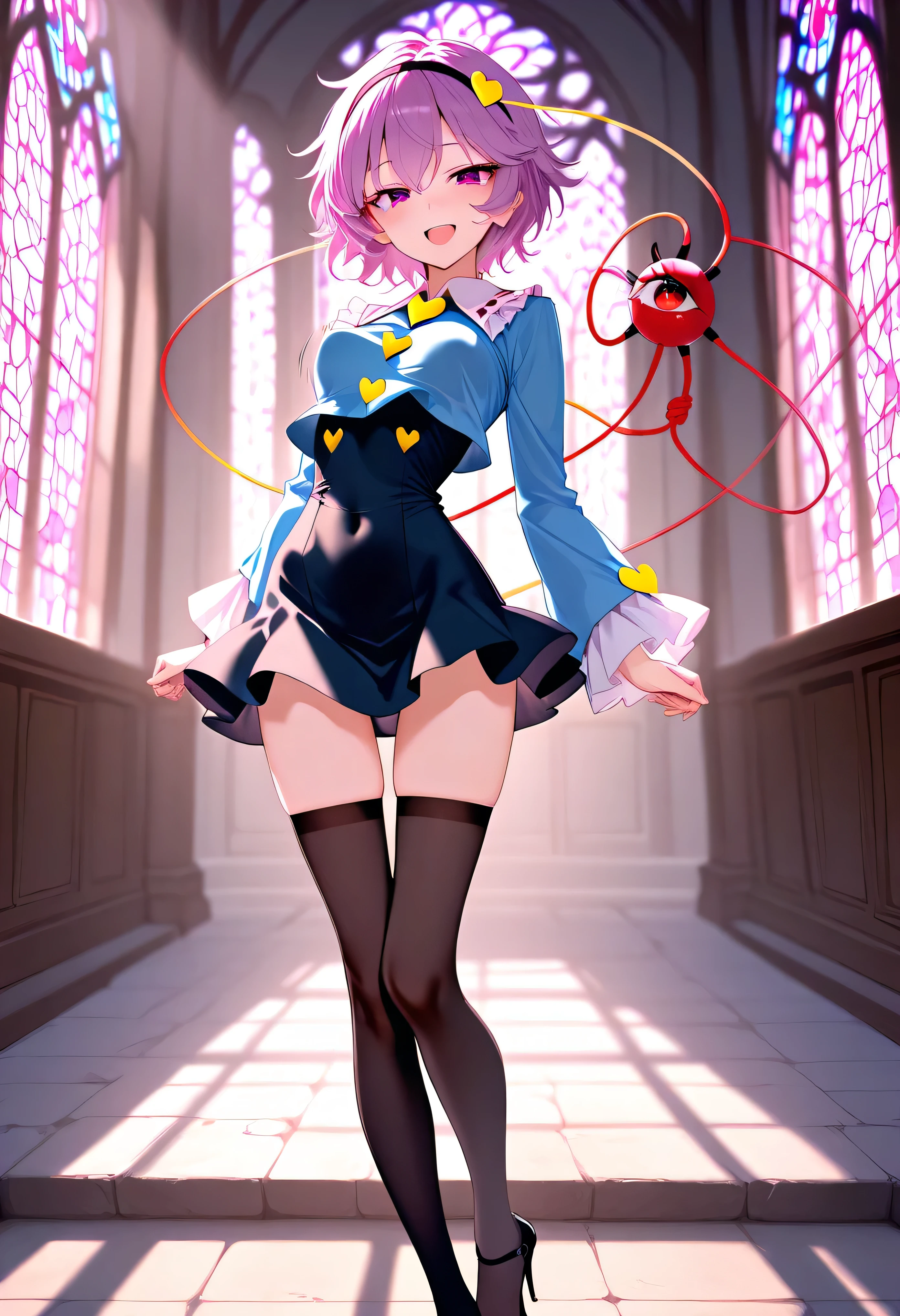 (score_9), komeiji_satori, longlegs_v0.22_pony, solo, (1 skinny girl standing), (petite small girl), BREAK, (cropped coat:1.2), (black short dress:1.2), (thigh gap), (groin:1.2), black thighhighs, stiletto heels, BREAK, looking at viewer, {smile:0.2}, {open mouth:0.2}, (bouncing unaligned breasts:1.2), arched back, BREAK, (too short torso:1.2), (too narrow waist:1.2), (too short waist:1.2), (covered large nipples), orgasm, BREAK, stained glass