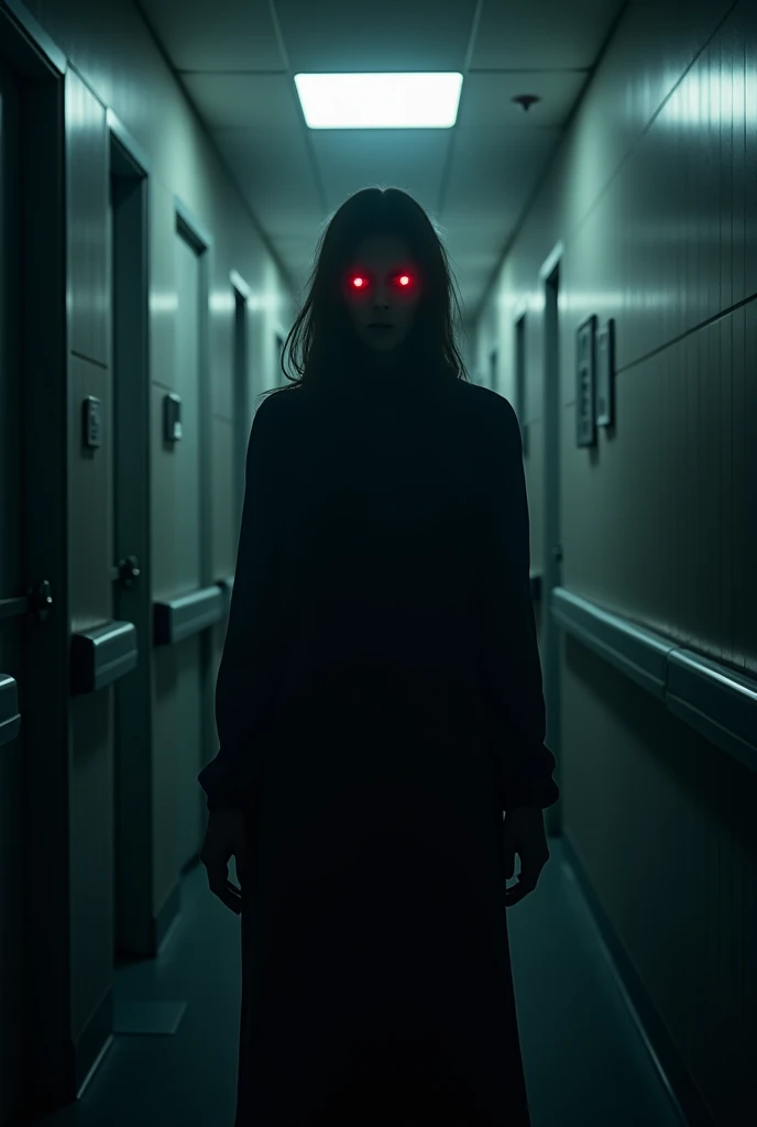 trapped in a laboratory, He is wearing a white t-shirt, white pants and white shoes. She has blonde hair and her eyes glow with a red light., is closed