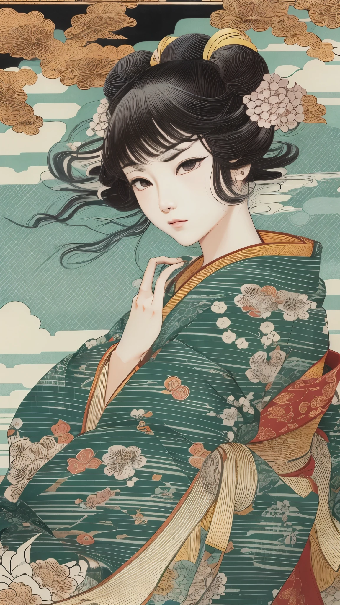high-definition picture ,Katsushika Hokusai manga (beautiful eyes finely Details, Look at the details, Multi Colored Hair ), kimono that looks like a yukata ,woman lying down、葛飾北斎風の渦巻く炎の様な high-definition picture ,Kimono beauty, 顔の Details, Masterpiece, the highest quality of Ukiyo-e , Details, high-resolution image beauty 。