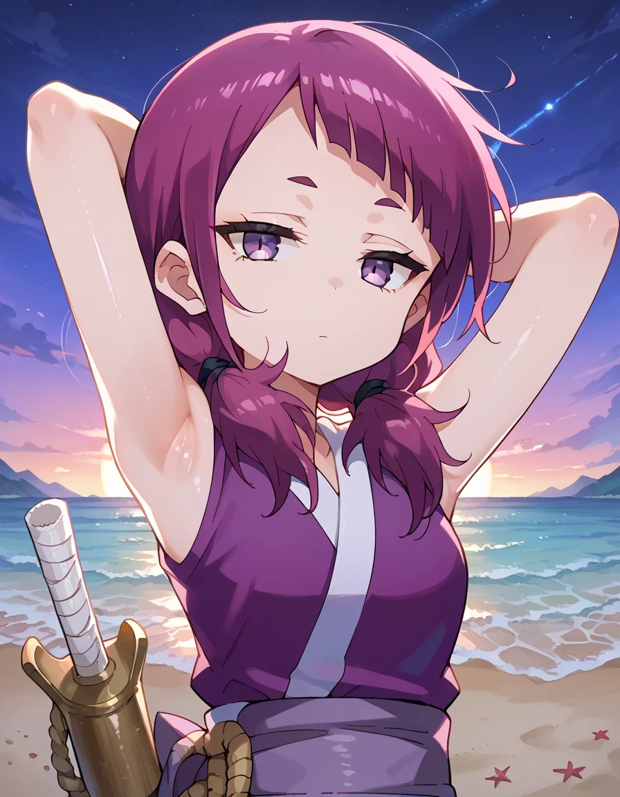 shakuyaku, sleeveless, japanese clothes, hightighs, fingerless gloves, anime screenshot, shiny skin, high quality, solo, upper body, (contrapposto), v, spread armpit, presenting armpit, hand behind head, closed mouth, night sky, beach, looking at viewer, expressionless, best quality,