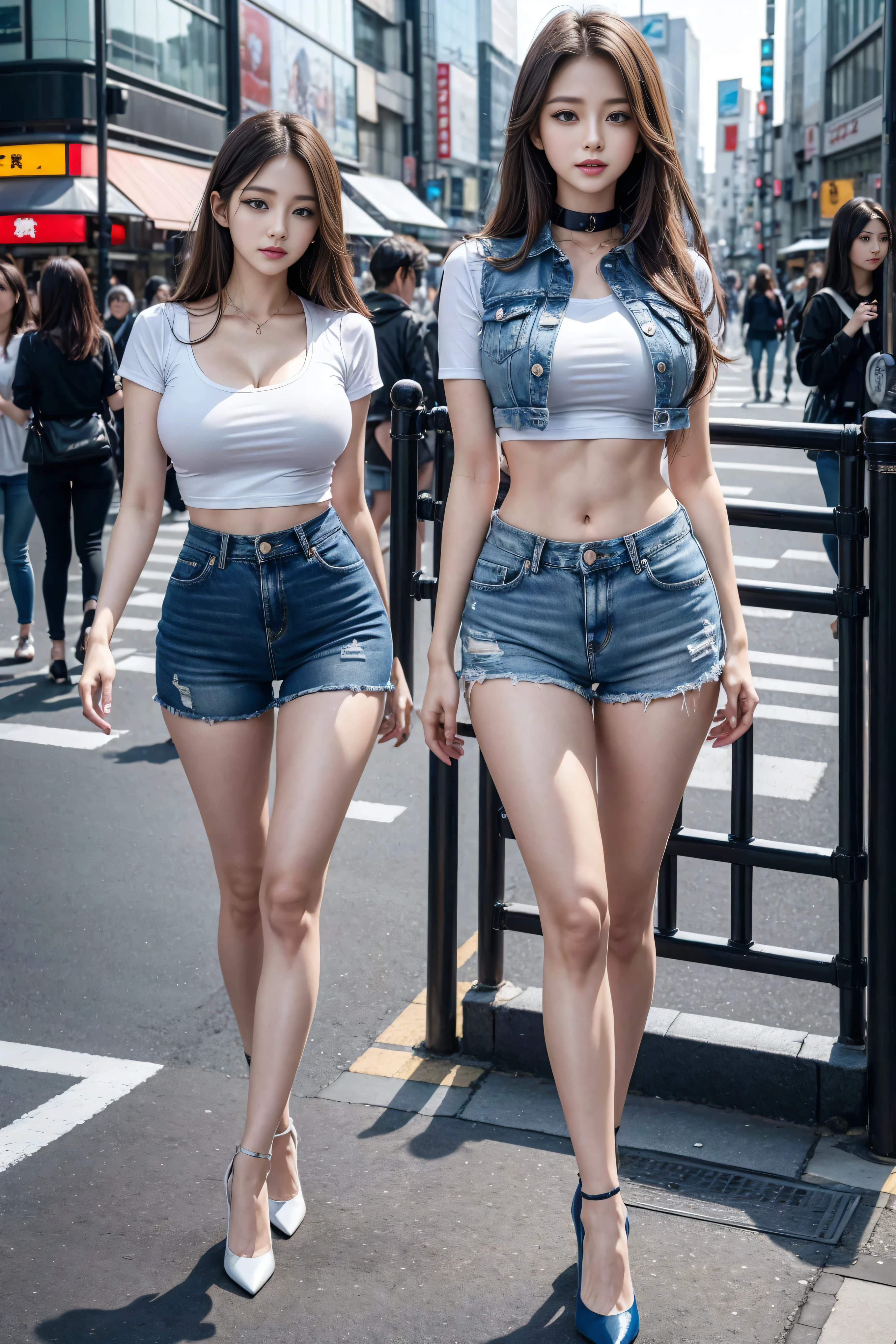 1 girl, (blue eyes), (they are smiling), (in the name of mina), Wide hips, tetas big deals, big deal, (best quality, 8K, masterpiece: 1.3), perfect hands, clear focus: 1.2, Perfect body beauty: 1.4, Slim abs: 1.2, Highly detailed facial and skin textures, delicate eyes, double eyelids, (long golden hair), (Black collar T-shirt), (Denim shorts :1.1), (High heel :1.3), permanent, dynamic poses, Background Tokyo Shibuya Crossing.
