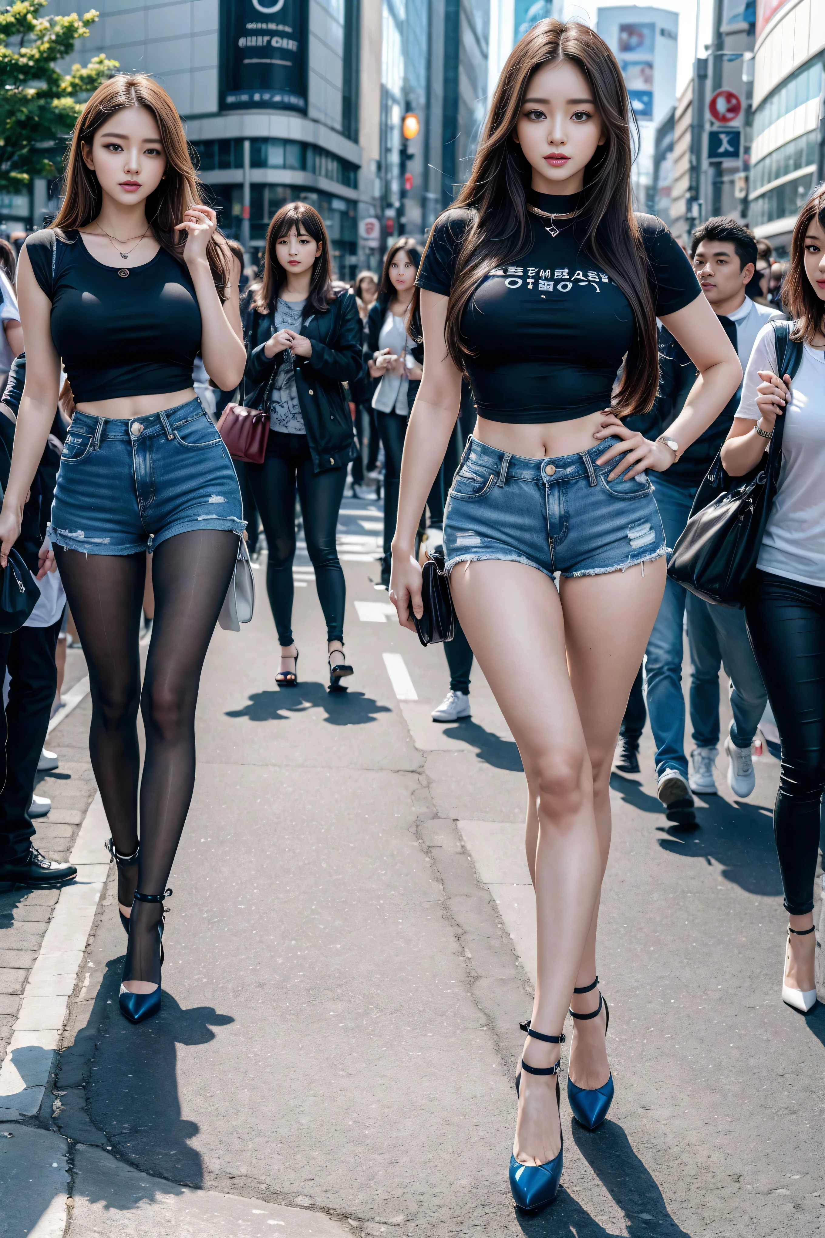 1 girl, (blue eyes), (they are smiling), (in the name of mina), wide hips, tetas Big deals, Big deal, (best quality, 8K, masterpiece: 1.3), perfect hands, Clear focus: 1.2, perfect body beautiful: 1.4, slim abs: 1.2, Highly detailed facial and skin textures, exquisite eyes, double eyelids, (long golden hair), (Black collar T-shirt), (Denim shorts :1.1), (High heel :1.3), eternal, dynamic poses, Background Tokyo Shibuya Crossing.