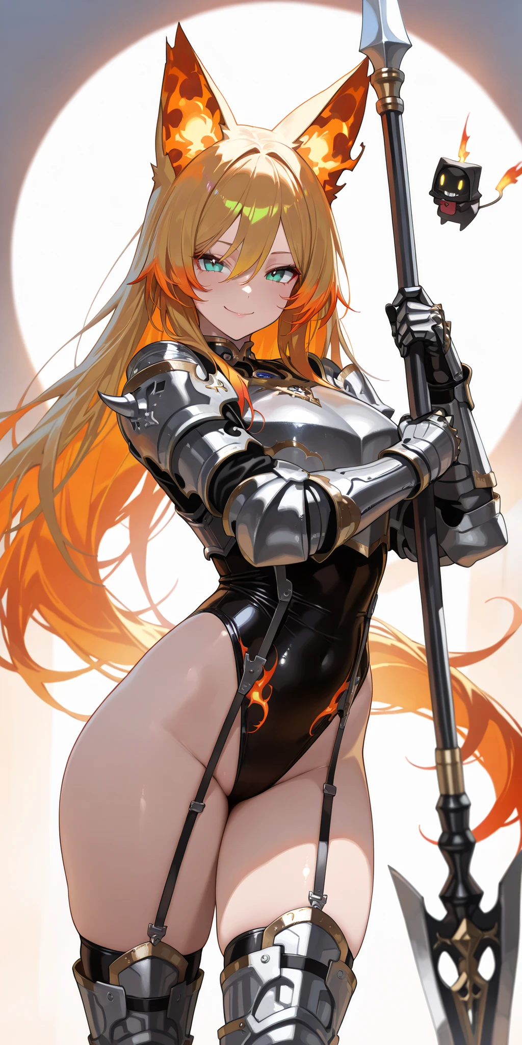Masterpiece, mature woman, Sinder (Vtuber), tall body, slim, upper body, ultra detailed, highres, absurdres, smiling, seducing face, Leotard with plate armor, blonde long hair, holding Bident Spear, paladin, thigh high boots, high heels, stocking suspenders, gauntlets, silver armor, ( Masterpiece:1 . 3 , top quality:1 . 3 , very detailed depiction:1 . 3 , Incredibly Absurd High Resolution :1 . 3 , Curvaceous Body , Beautiful legs , High quality skin) emerald eyes, orange blonde hair, Beautiful legs , High quality skin, sky background