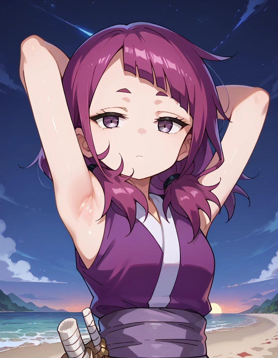 shakuyaku, sleeveless, japanese clothes, hightighs, fingerless gloves, anime screenshot, shiny skin, high quality, solo, upper body, (contrapposto), v, spread armpit, presenting armpit, hand behind head, closed mouth, night sky, beach, looking at viewer, expressionless, best quality,