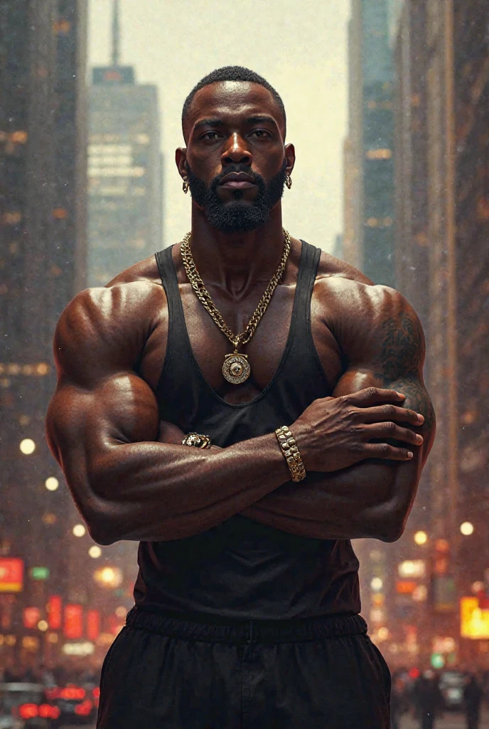 A young black man with an athlete's body in the city