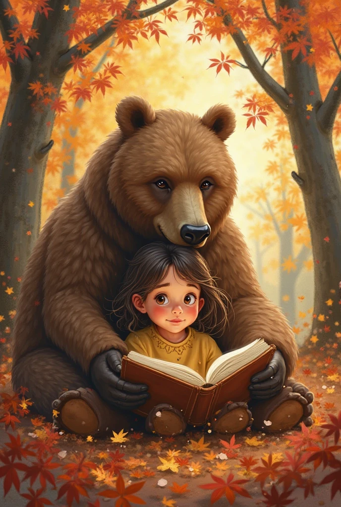 a bear studying with a child