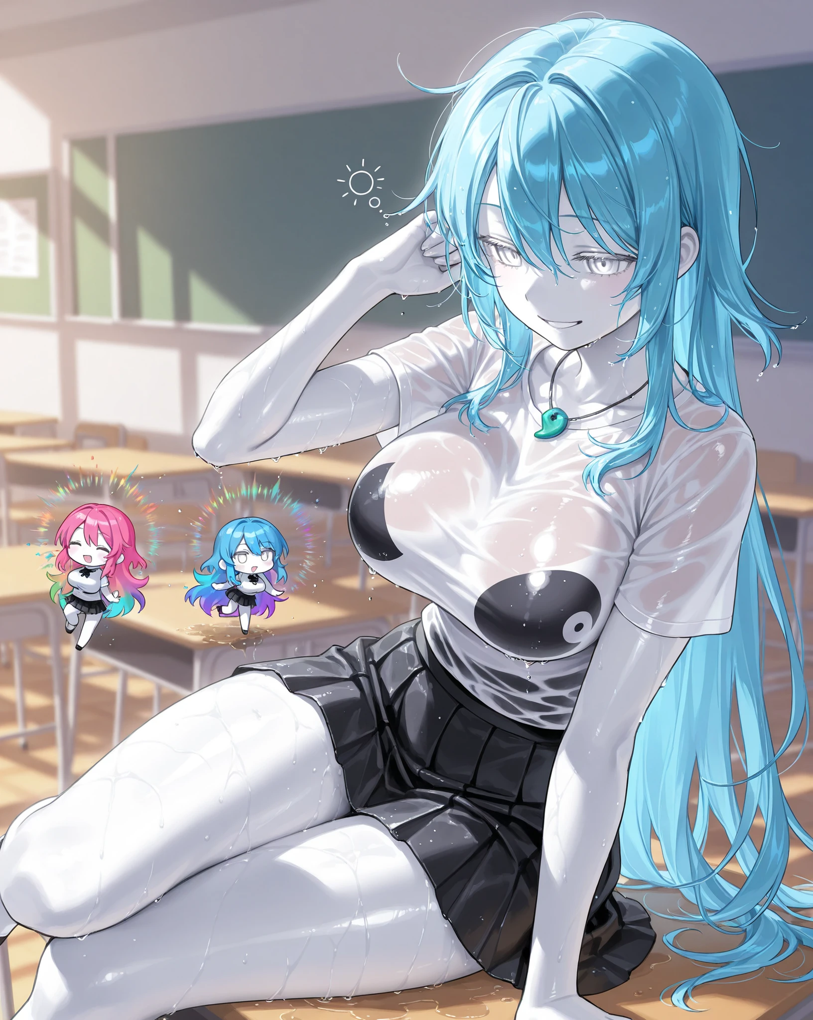 NSFW,masterpiece,Highest quality,High resolution,Super detailed,Shiro \(no game No life\),Young Girl,Long Hair,Multicolored Hair,Hair between the eyes,Gradient Hair,Yellow Eyes,Flat Chest,Erect nipples,Open clothes,Micro Mini Skirt,((Oho face)),Embarrassed,blush,Leg spread,excited,Estrus,orgasm,Trembling,(Climax),(Squirting),(Ahegao),Roll your eyes、squint,Middle-aged men,(Having intense sex),Insert,Creampie,From the side,School,classroom,During class,Showing off