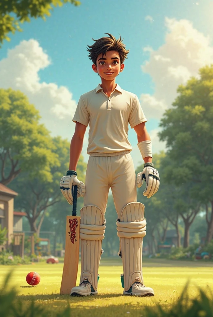A boy sitting back on  the camera  on tripod  name on his tshirt manshoor he is in the cricket match

