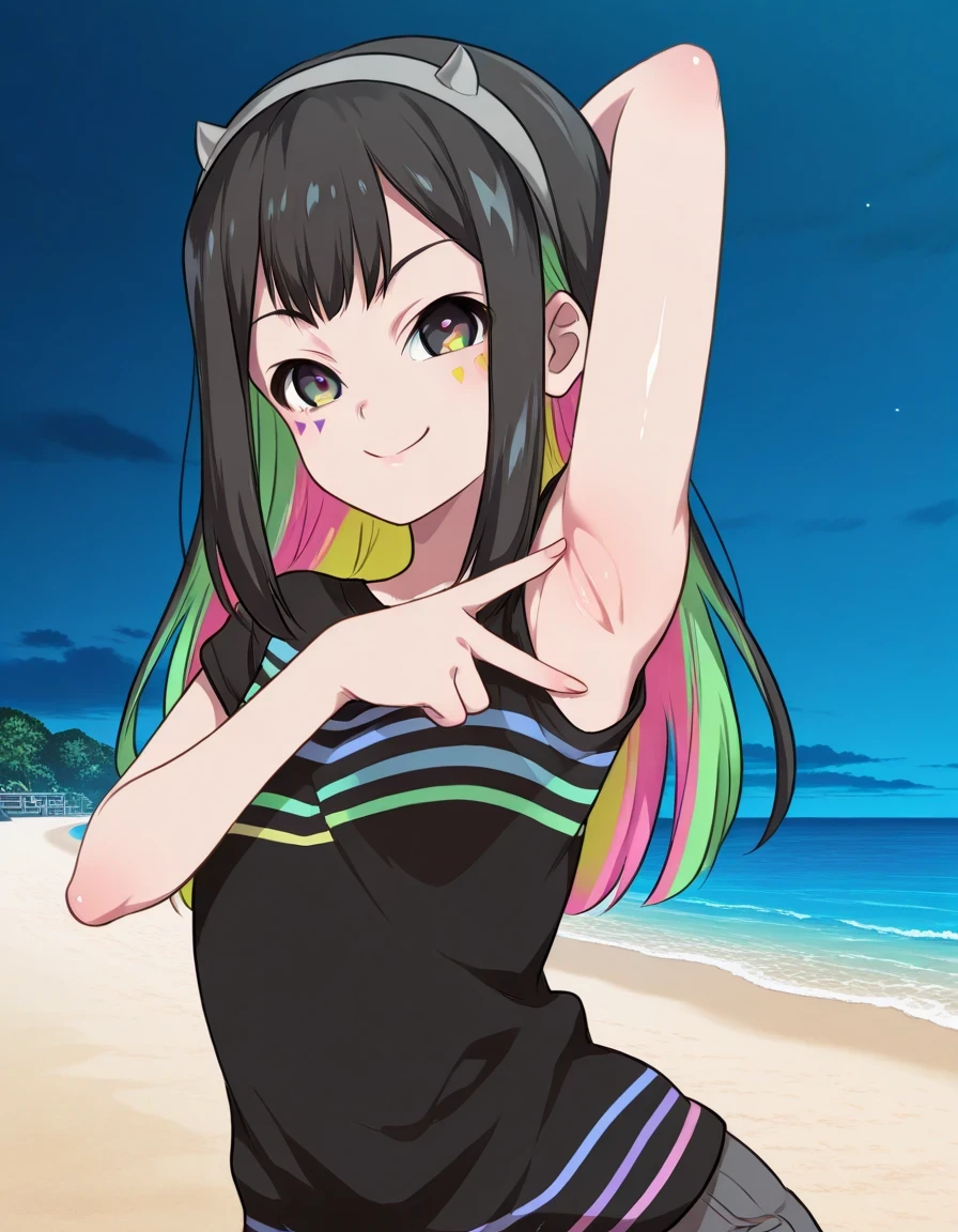 Nanairo Multi,multicolored hair,black shirt, striped shirt, hairband, sleeveless, facial mark, shiny skin, high quality, solo, upper body, (contrapposto), v, spread armpit, presenting armpit, hand behind head, closed mouth, night sky, beach, looking at viewer, smile, best quality