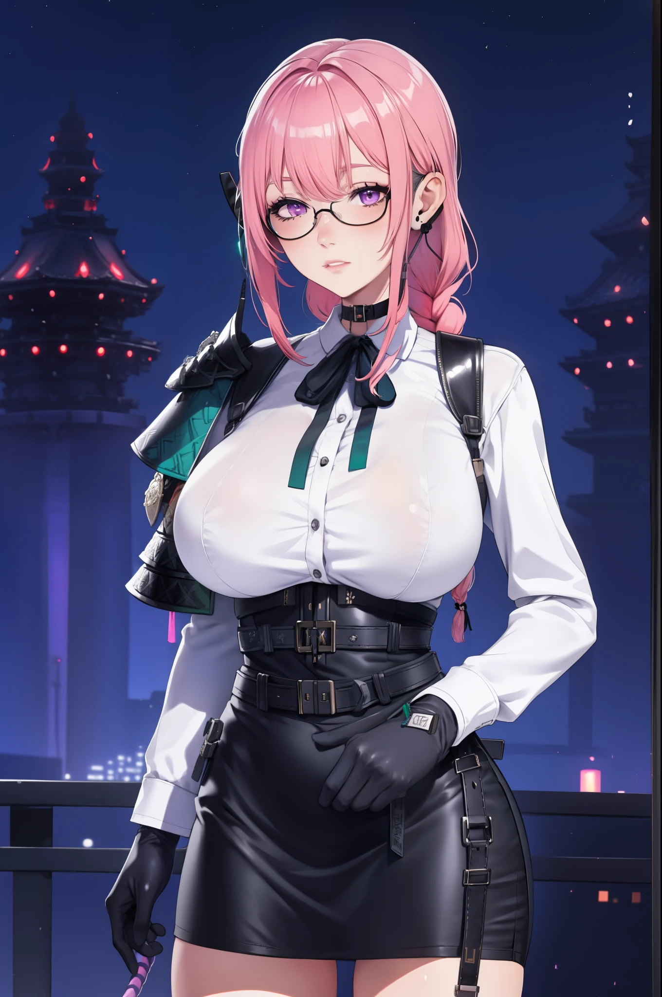 bright clothes, a girl, (Yanagi Tsukishiro ), Alone, Standing, front view,  looking at the viewer , long braided hair pink, beautiful eyes , sensual lips,  detailed eyes , purple eyes shirt, huge breasts, sensual lips, ((samurai armor shoulder pad)) , ((earpiece for the right ear)), harness, glasses,  choker :1.6,  black gloves, ((shiny black high-waisted miniskirt)),  ((White shirt with collar)),  (black ribbon for the chest), (dark green neck strap),  shy expression ,  , biblioteca antigua Gothic style, Gothic style,  at night