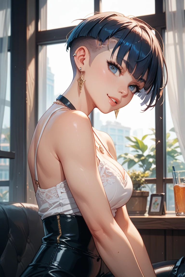 there is a woman with a yellow top and a purple miniskirt, short brown hair and large eyes, androgynous face, with short hair, curly pixie hair, curly pixie cut hair, headshot of young female furry, halfbody headshot, black hair and large eyes, around 1 9 years old, androgynous person, profile image, small lips pointy nose, realistic body structure, doing makeup, She is doing make-up, holding mascara in her hand