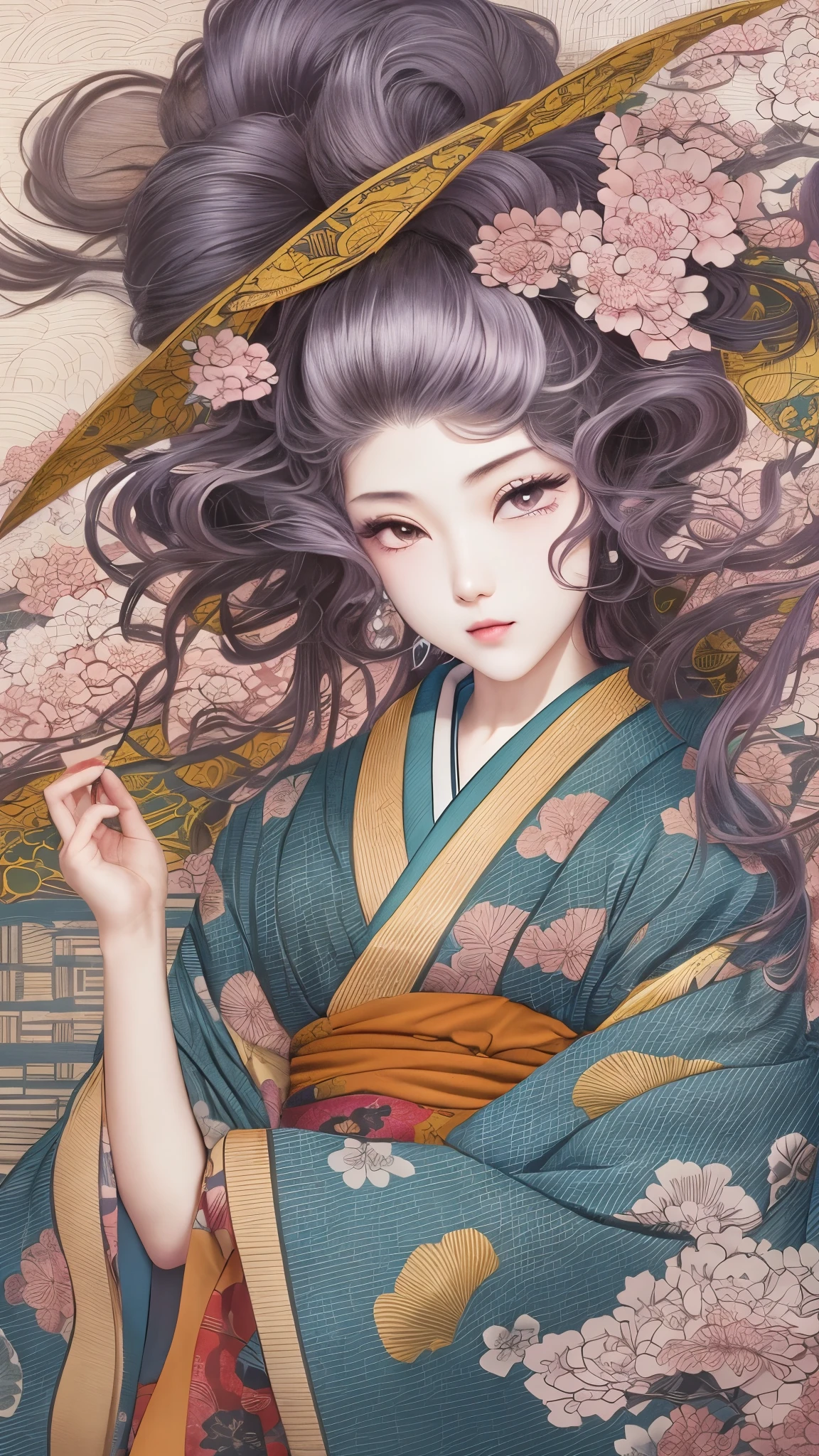 high-definition picture ,Katsushika Hokusai manga (beautiful eyes finely Details, Look at the details, Multi Colored Hair ), kimono that looks like a yukata ,woman lying down、葛飾北斎風の渦巻く炎の様な high-definition picture ,Kimono beauty, 顔の Details, Masterpiece, the highest quality of Ukiyo-e , Details, high-resolution image beauty 。